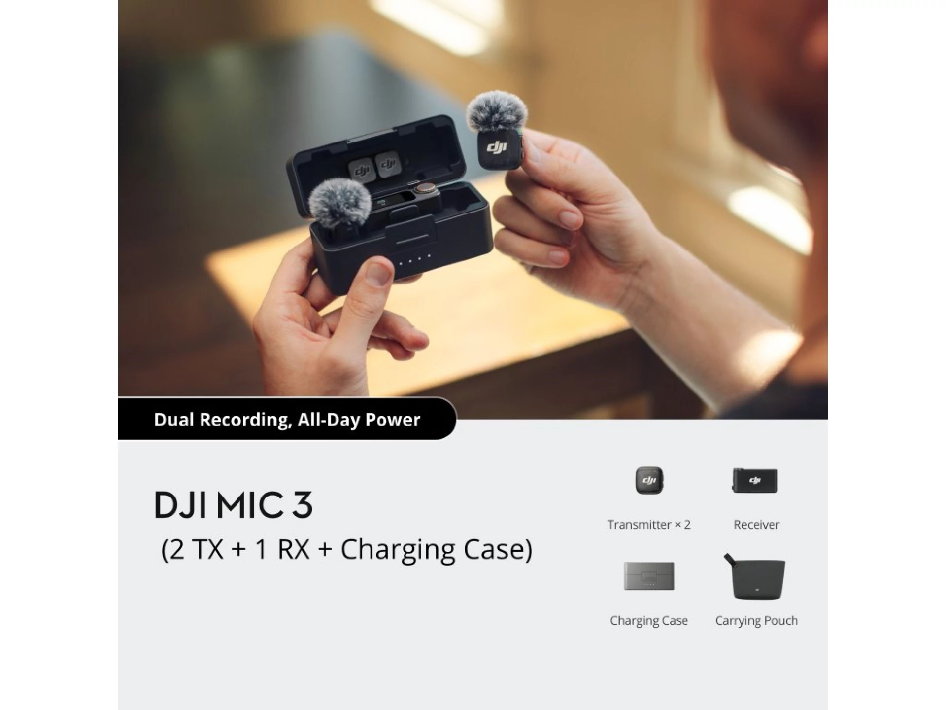 DJI Mic 3 (2TX+1RX+CC)mikrofon, prenos zvuka do 250m5.5h snimanja,48kHz 24 zvuk,OLED zaslon