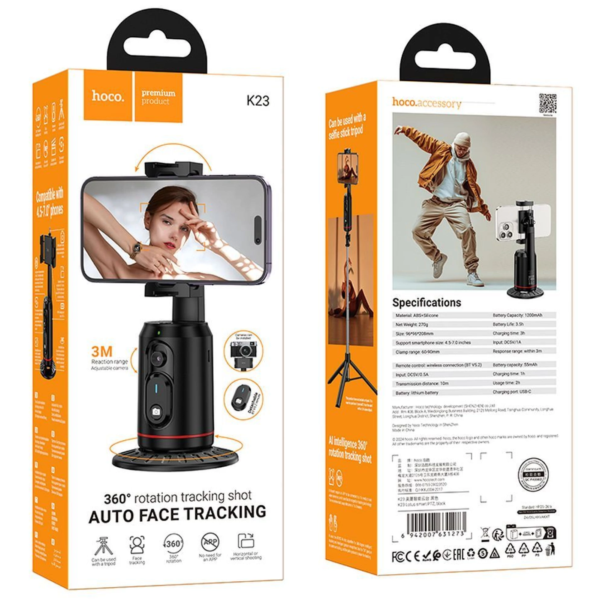 Držač za mobitel HOCO 360 auto face tracking K23 crni