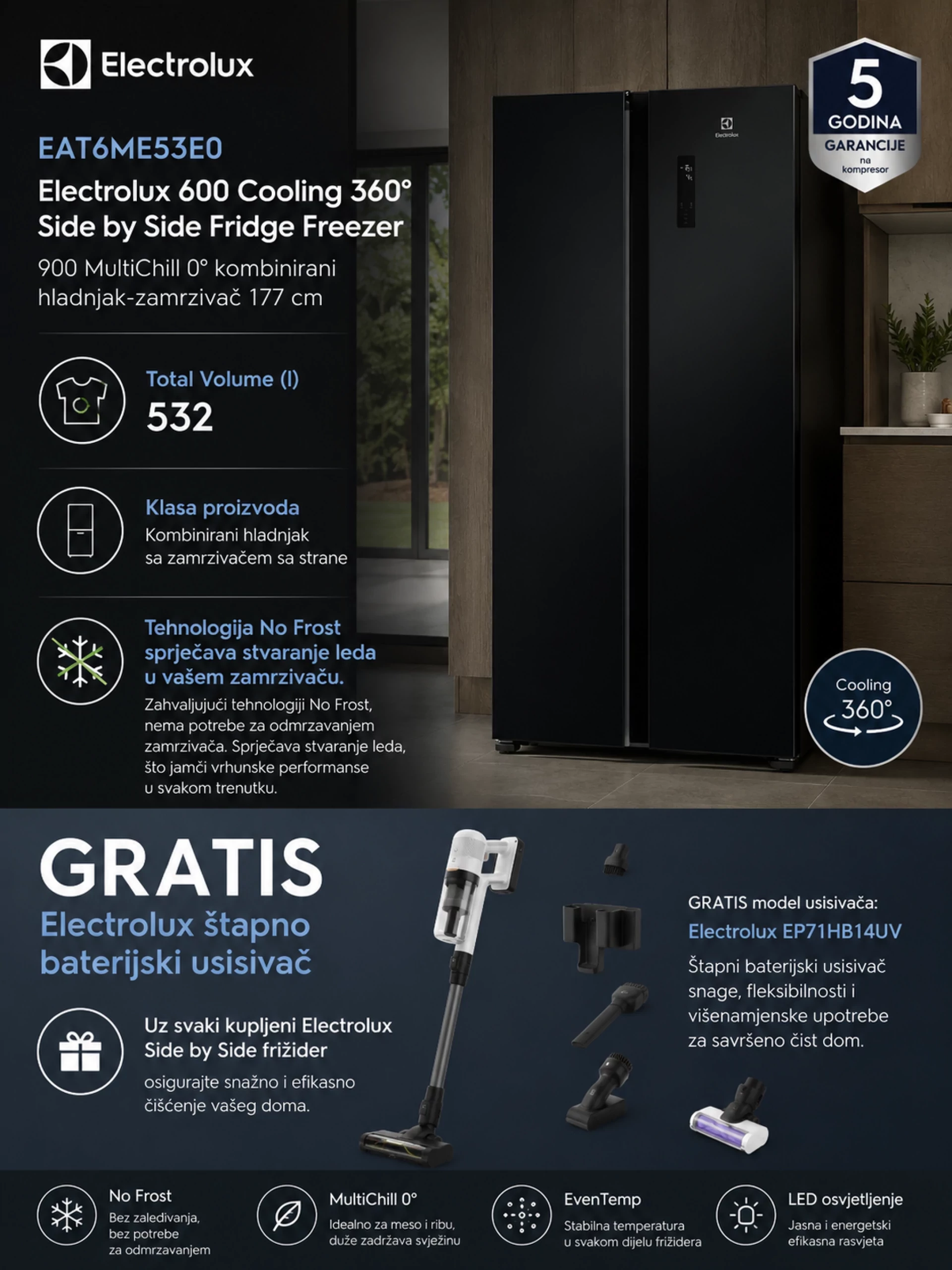 Frižider ELECTROLUX EAT6ME53E0 + GRATIS usisivač