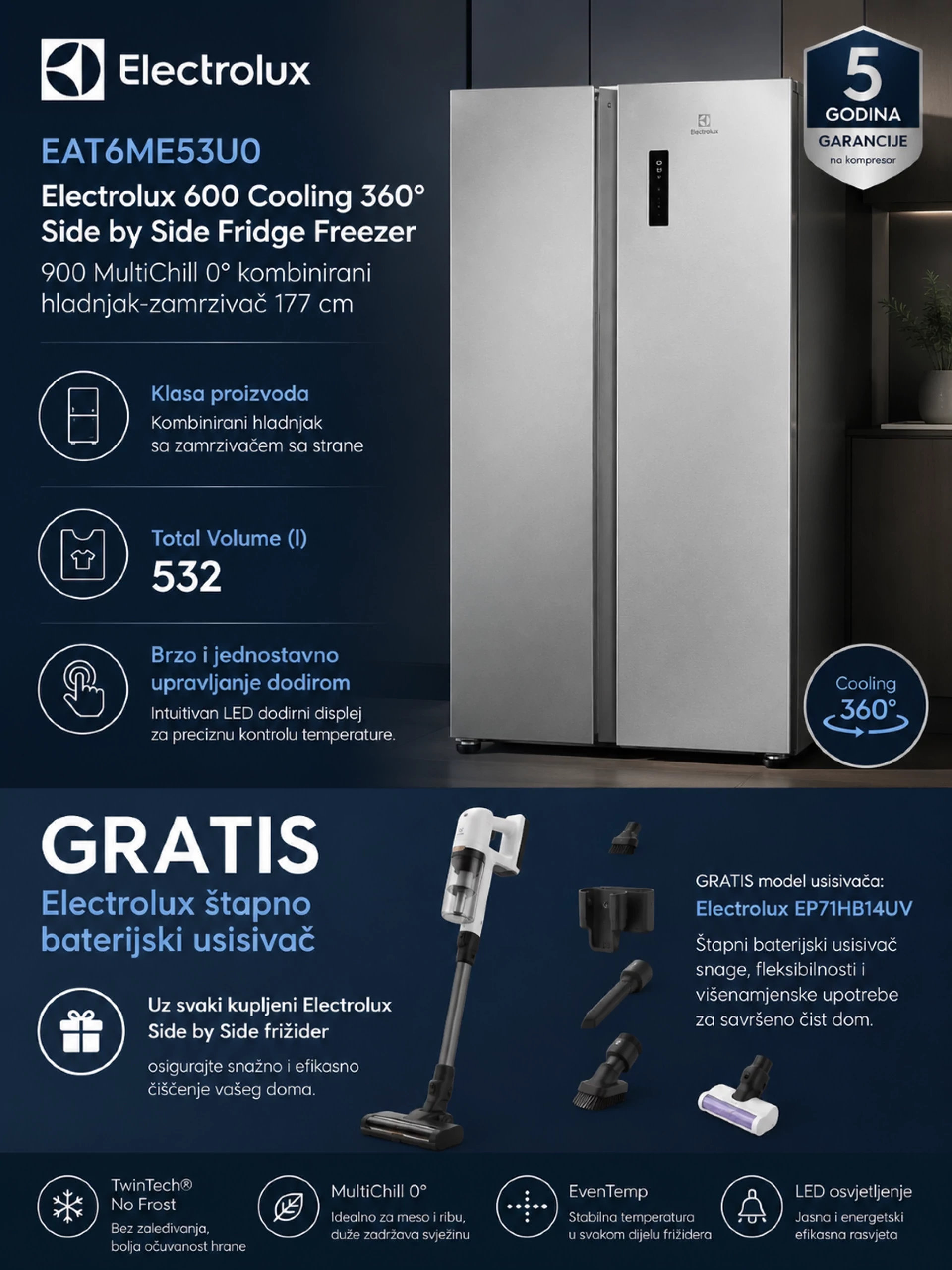 Frižider ELECTROLUX EAT6ME53U0 + GRATIS usisivač