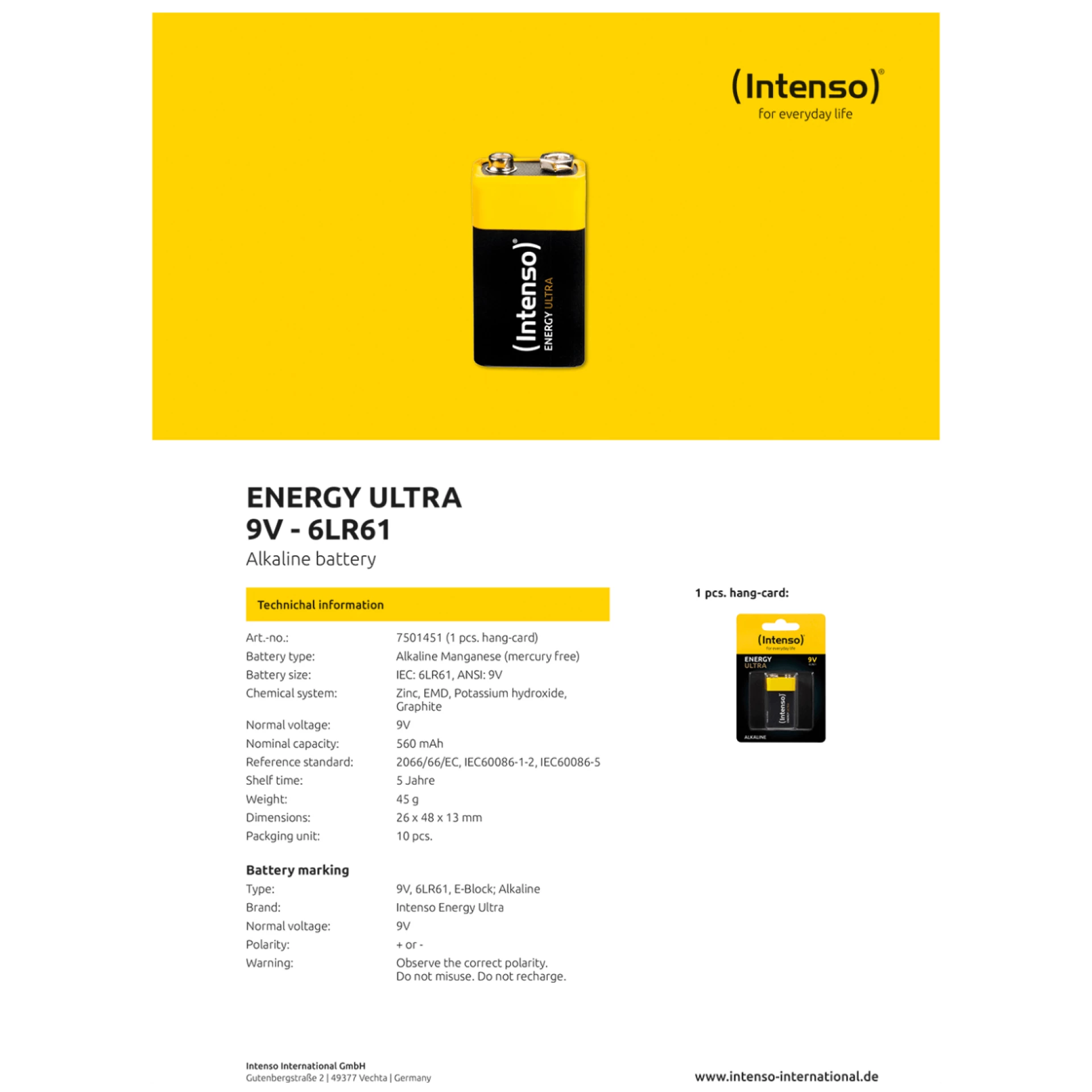 (Intenso) Baterija alkalna, 6LR61, 9 V, blister 1 komad - 6LR61 / 9V