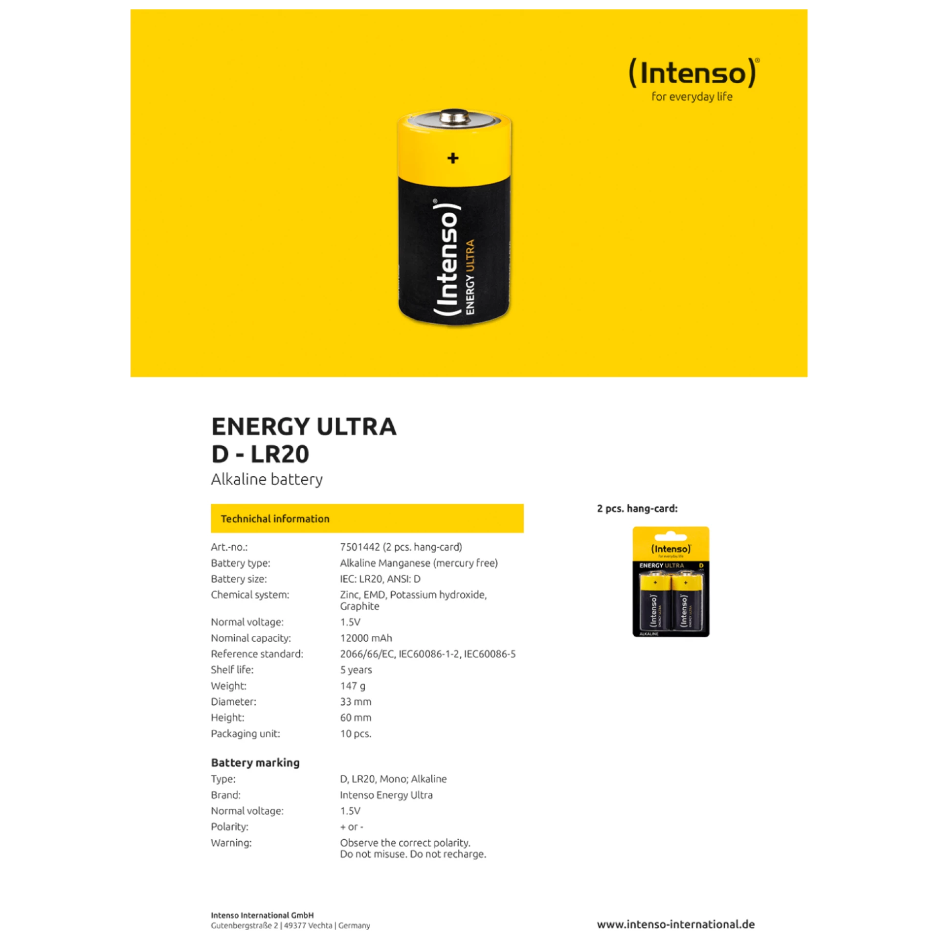 (Intenso) Baterija alkalna, LR20 / D, 1,5 V, blister 2 kom