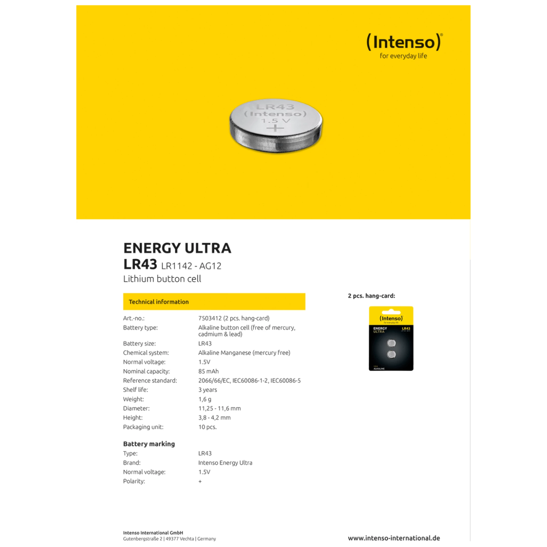 (Intenso) Baterija alkalna LR43/2, 1,5 V dugmasta, blister 2 kom