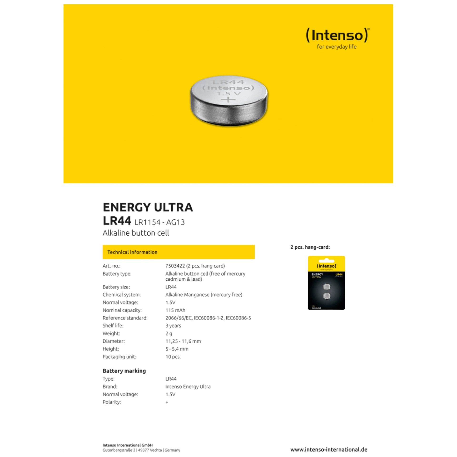 (Intenso) Baterija alkalna LR44/2, 1,5 V dugmasta, blister 2 kom