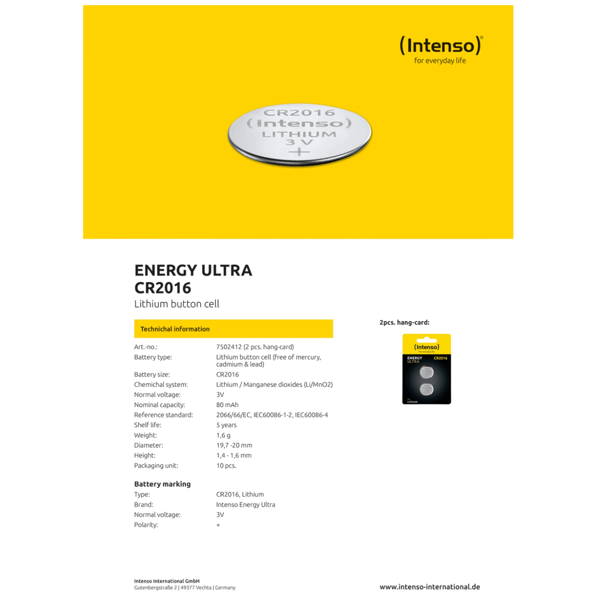 (Intenso) Baterija litijska, CR2016/2, 3 V, dugmasta,  blister  2 kom