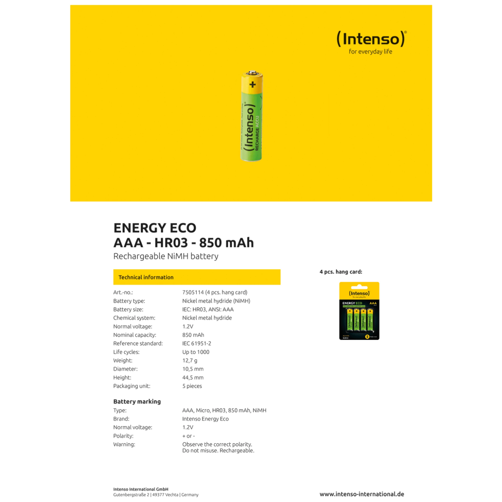 (Intenso) Baterija punjiva AAA / HR03, 850 mAh, blister 4 kom - AAA / HR03/850