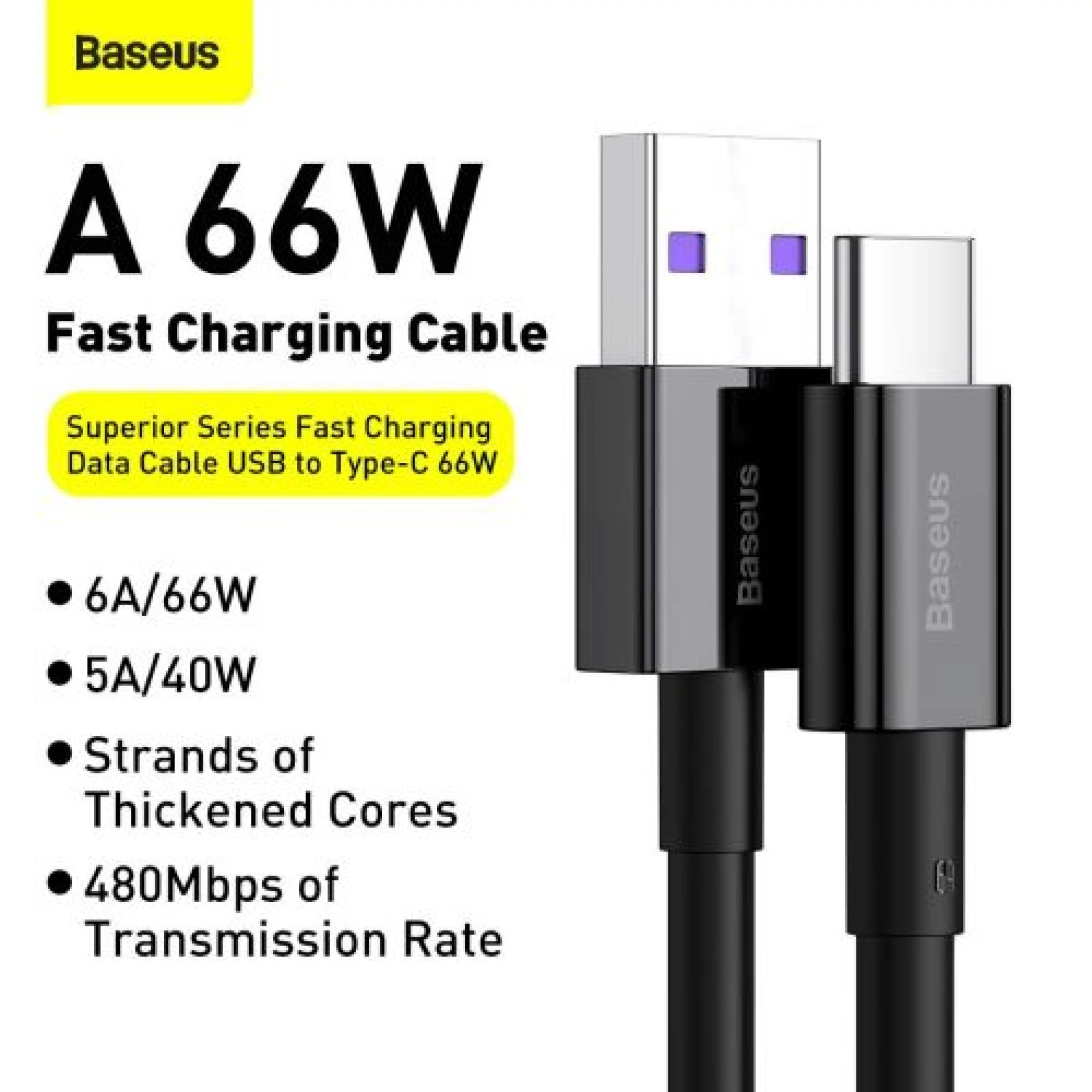 Kabl Baseus Superior USB A - Type-C 66W 2m crni