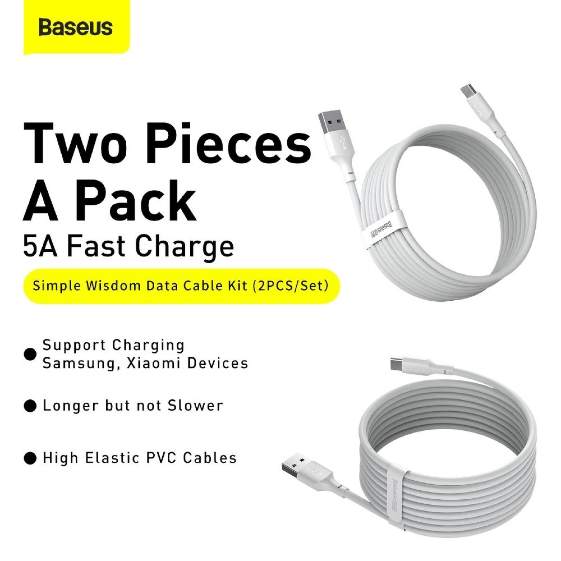 Kabl BASEUS USB A - Type C 2.4A Wisdom 1.5m white (2 Pcs)