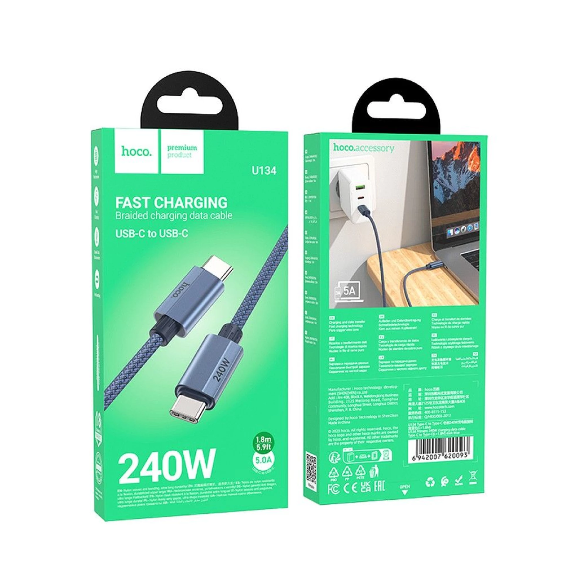 Kabl HOCO Type C to Type C PD QC3.0 5A 240W U134
1,8 m dark blue