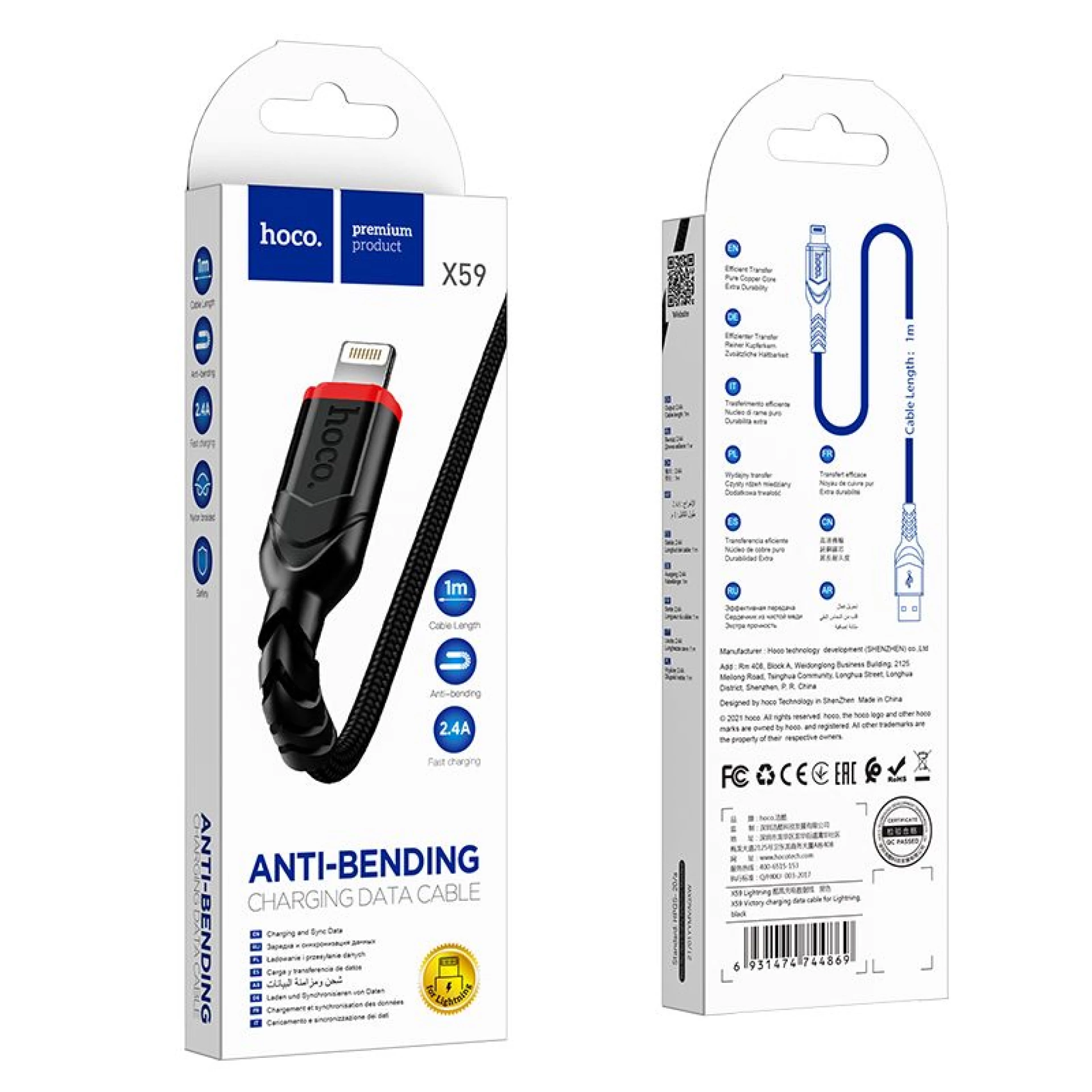 Kabl HOCO USB A to Lightning 2.1A X59 1m crni