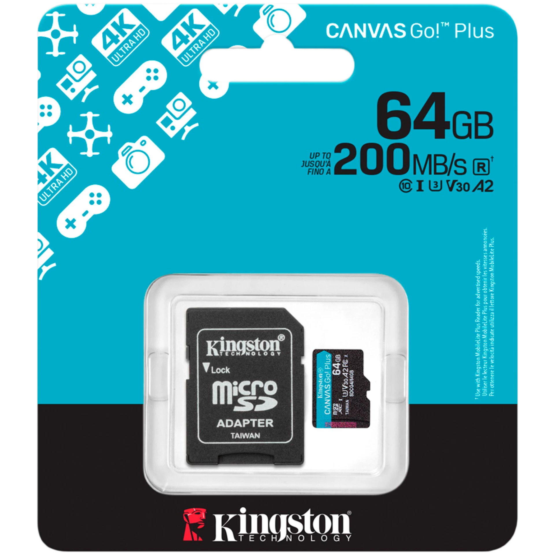 KINGSTON 64GB microSDXC Canvas Go Plus Gen4 200MB/s A2 U3 V30 Card + Adapter