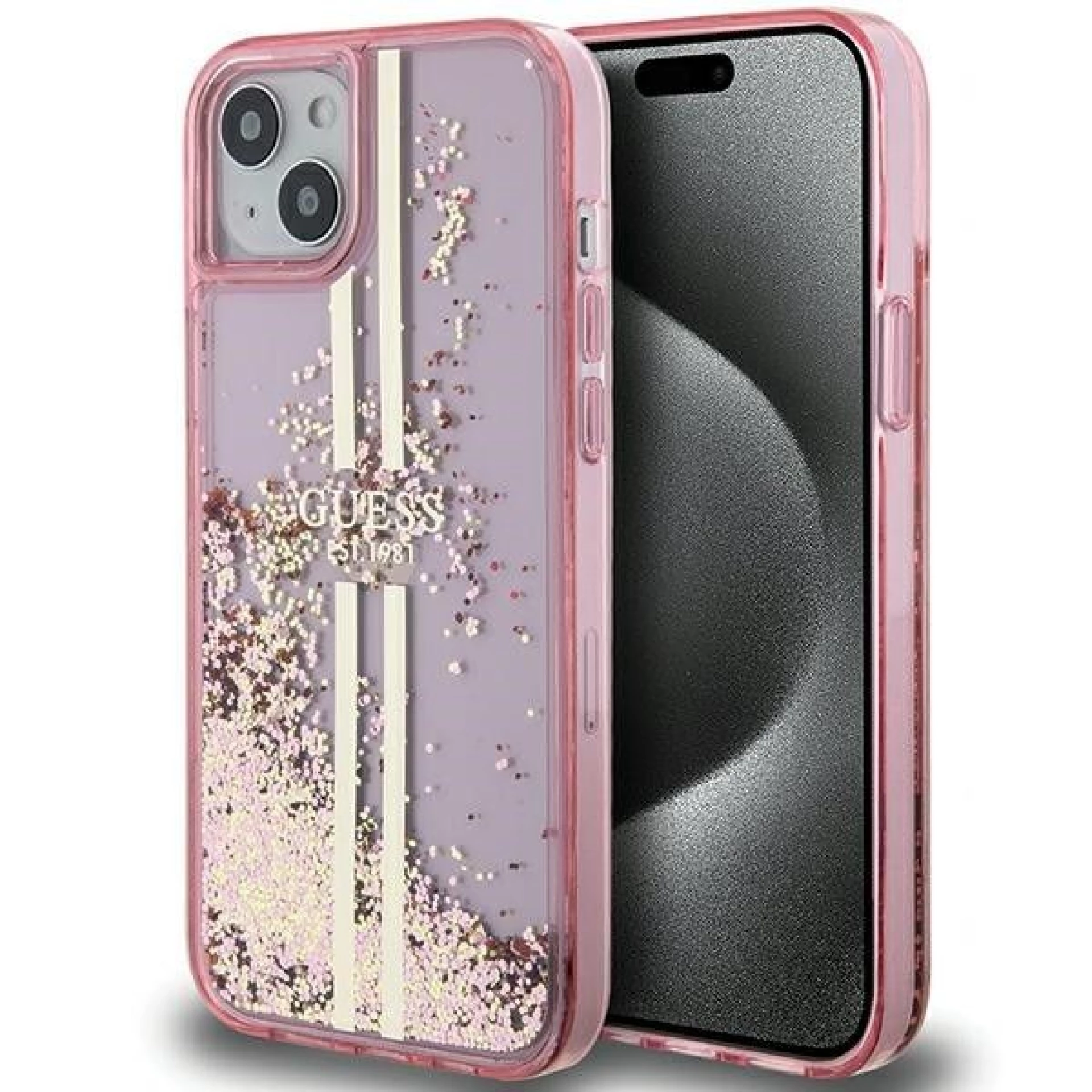 Maska GUESS Original faceplate za iPhone 15 (Liquid Glitter Gold)
