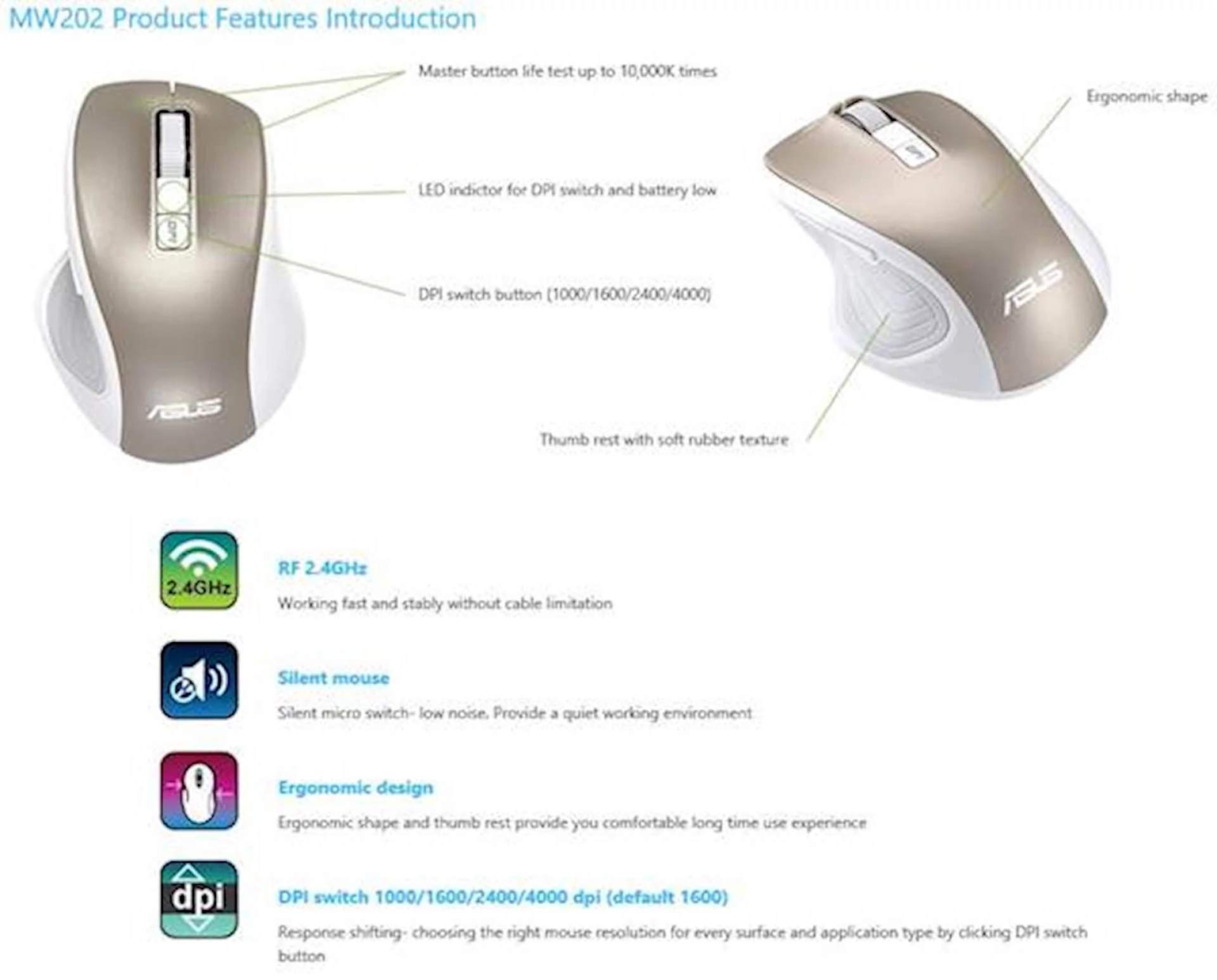 Miš ASUS MW202 Silent Wireless Mouse, tihi, bežični, zlatni