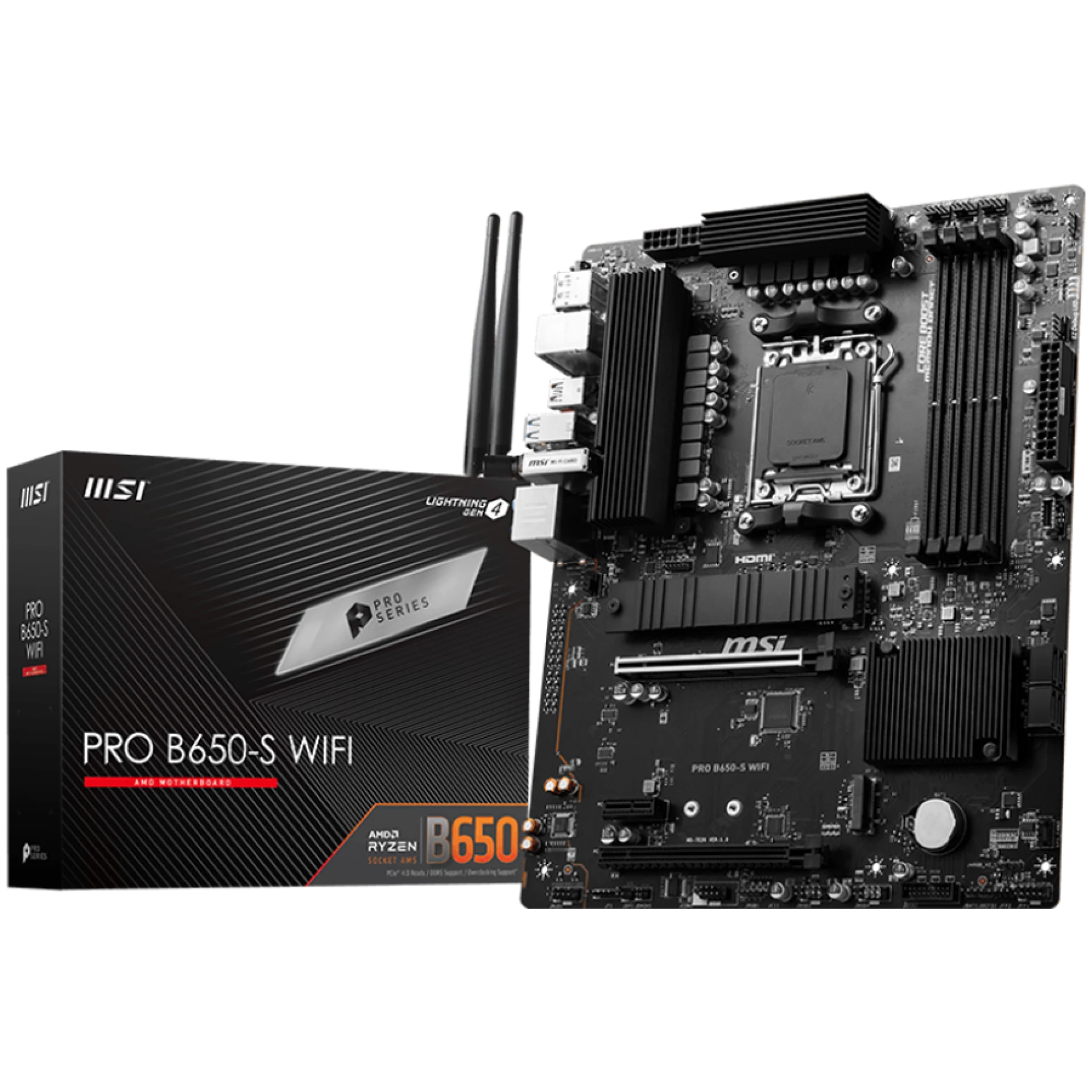MSI PRO B650-S WIFI, AMD B650, AM5, DDR5, SATA3, PCIe 4.0, 2x M.2, 2.5GbE/ax WiFi 6E, USB 3.2 Gen2x2, ATX