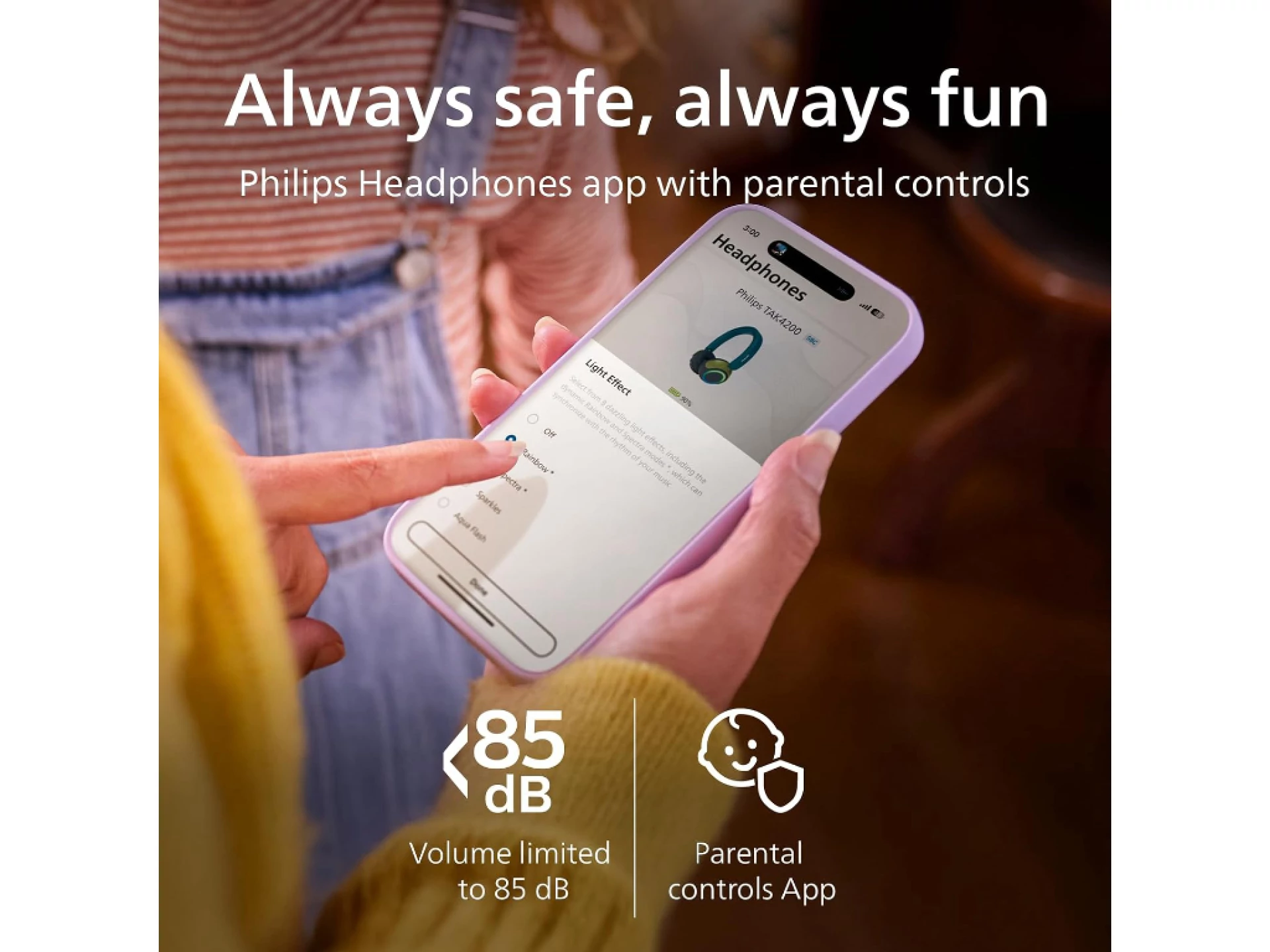 Philips TAK4200 djecije slusBT; LED svjetla; do 45h bateribezicno dijeljenje zvuka; aplikacija
