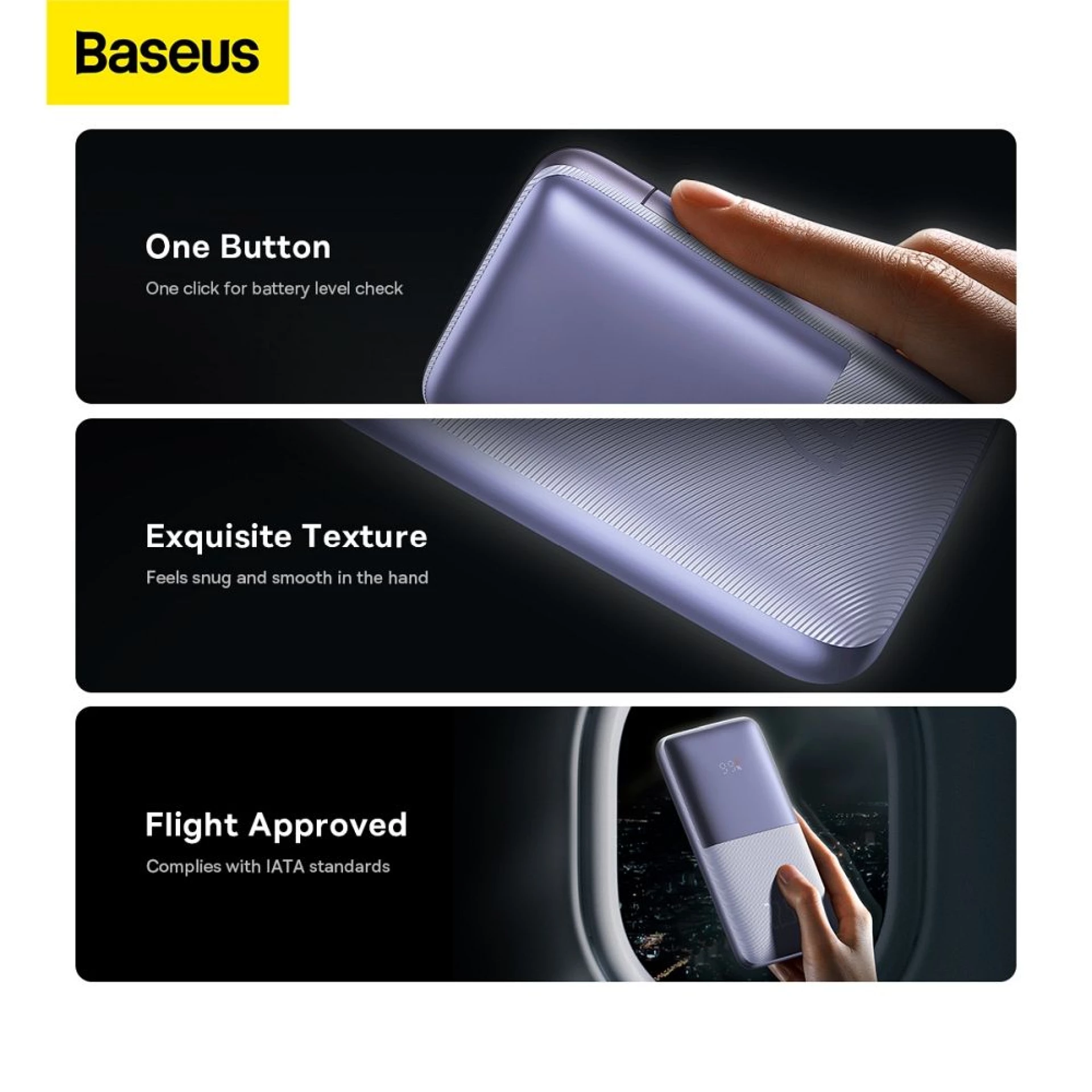 Powerbank BASEUS 10 000 mAh + kabl USB A - C PD QC3.0 3A 22,5W purple