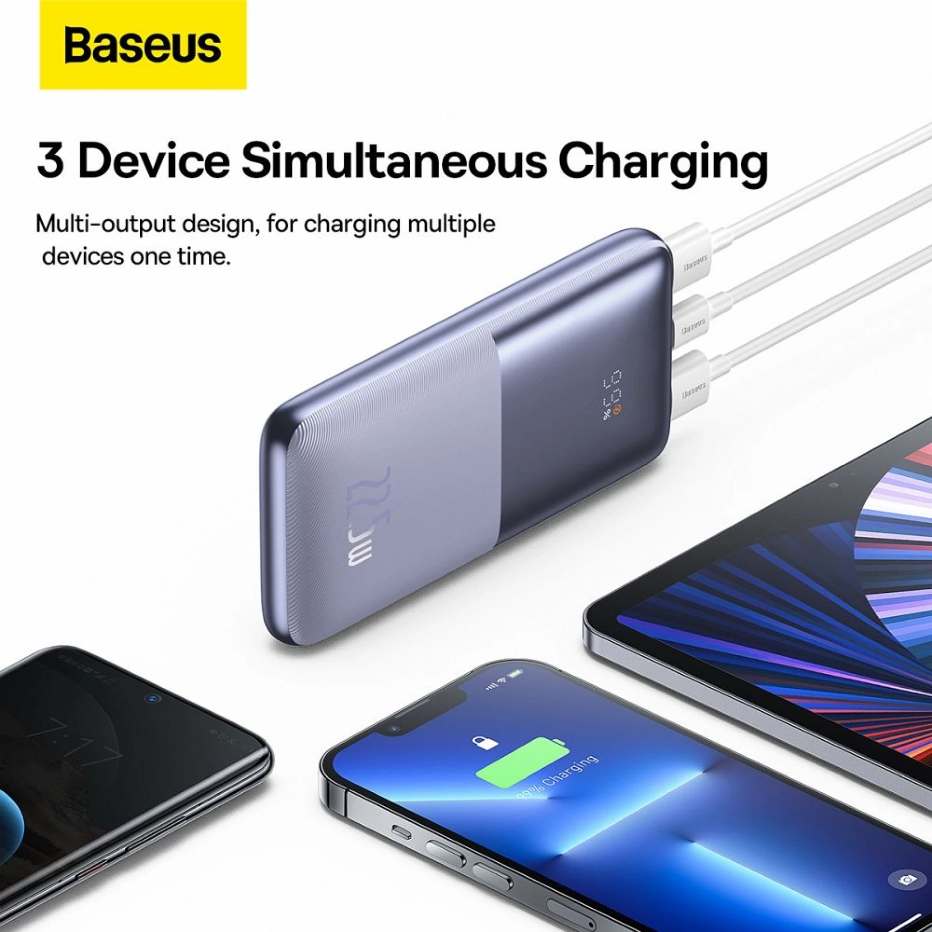 Powerbank BASEUS 10 000 mAh + kabl USB A - C PD QC3.0 3A 22,5W purple