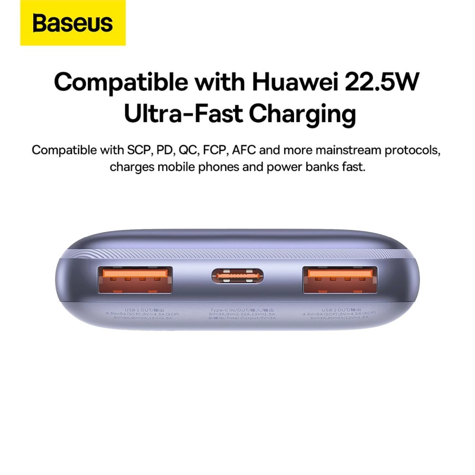 Powerbank BASEUS 10 000 mAh + kabl USB A - C PD QC3.0 3A 22,5W purple