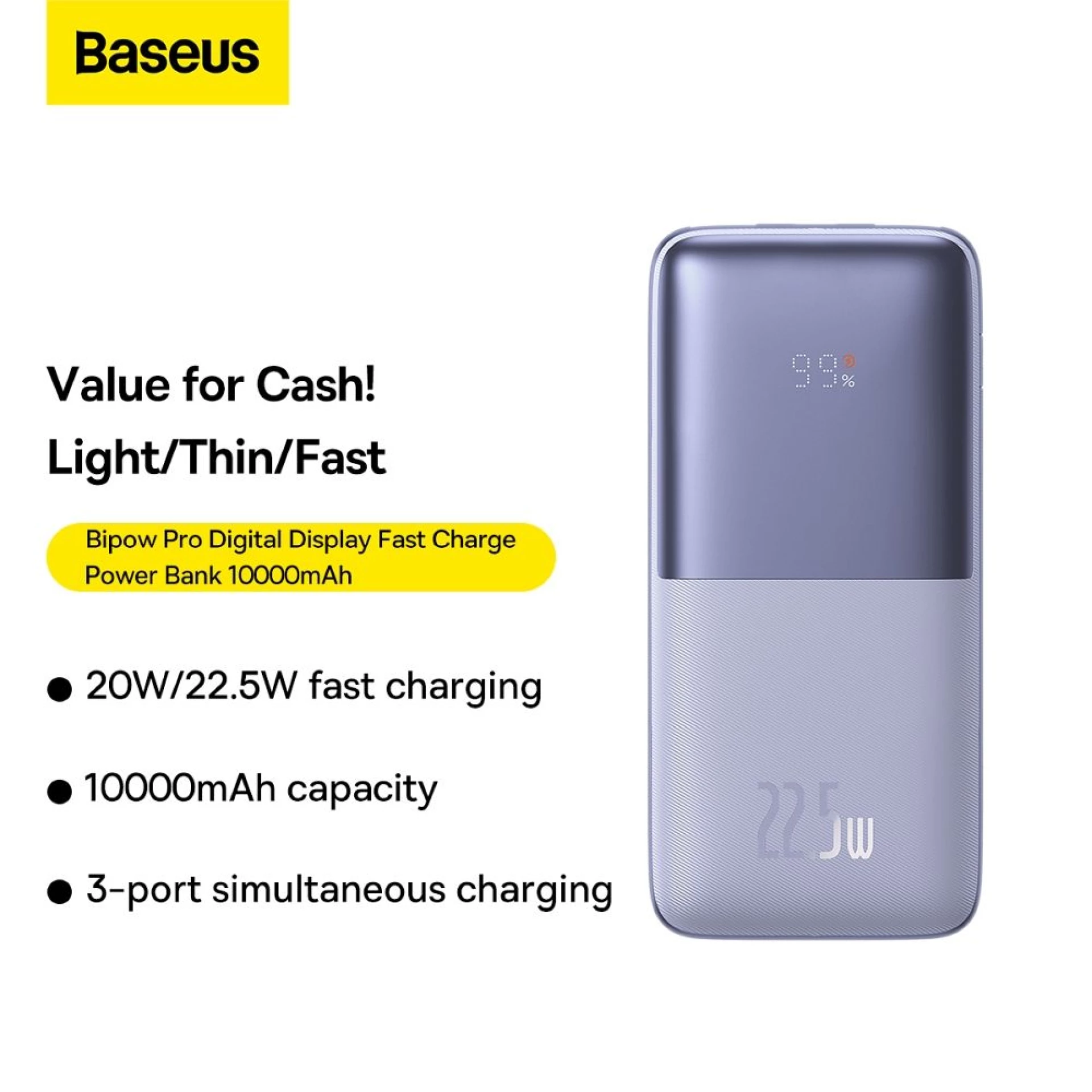 Powerbank BASEUS 10 000 mAh + kabl USB A - C PD QC3.0 3A 22,5W purple