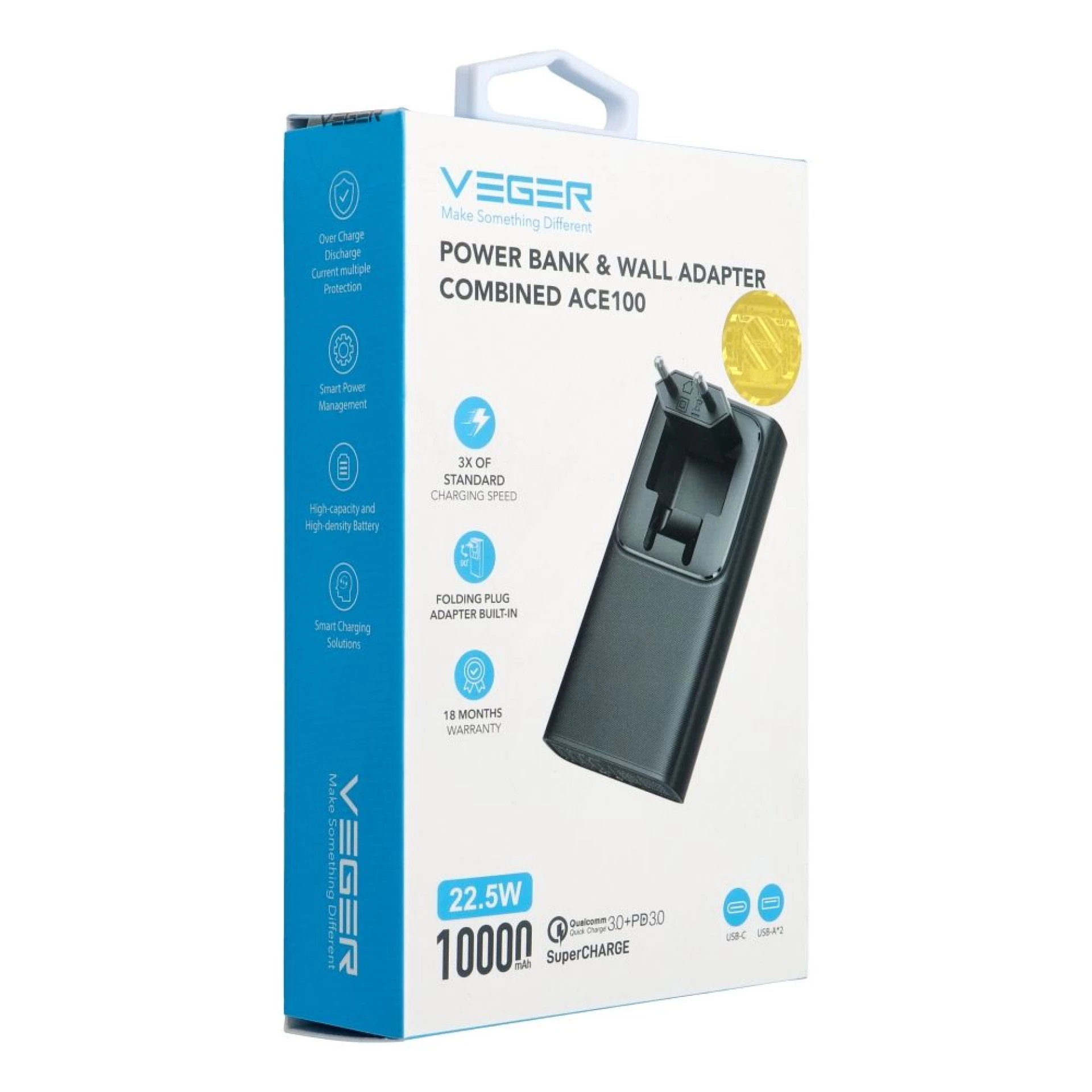 Prenosna baterija VEGER 10000mAh PD QC3.0 20W crna