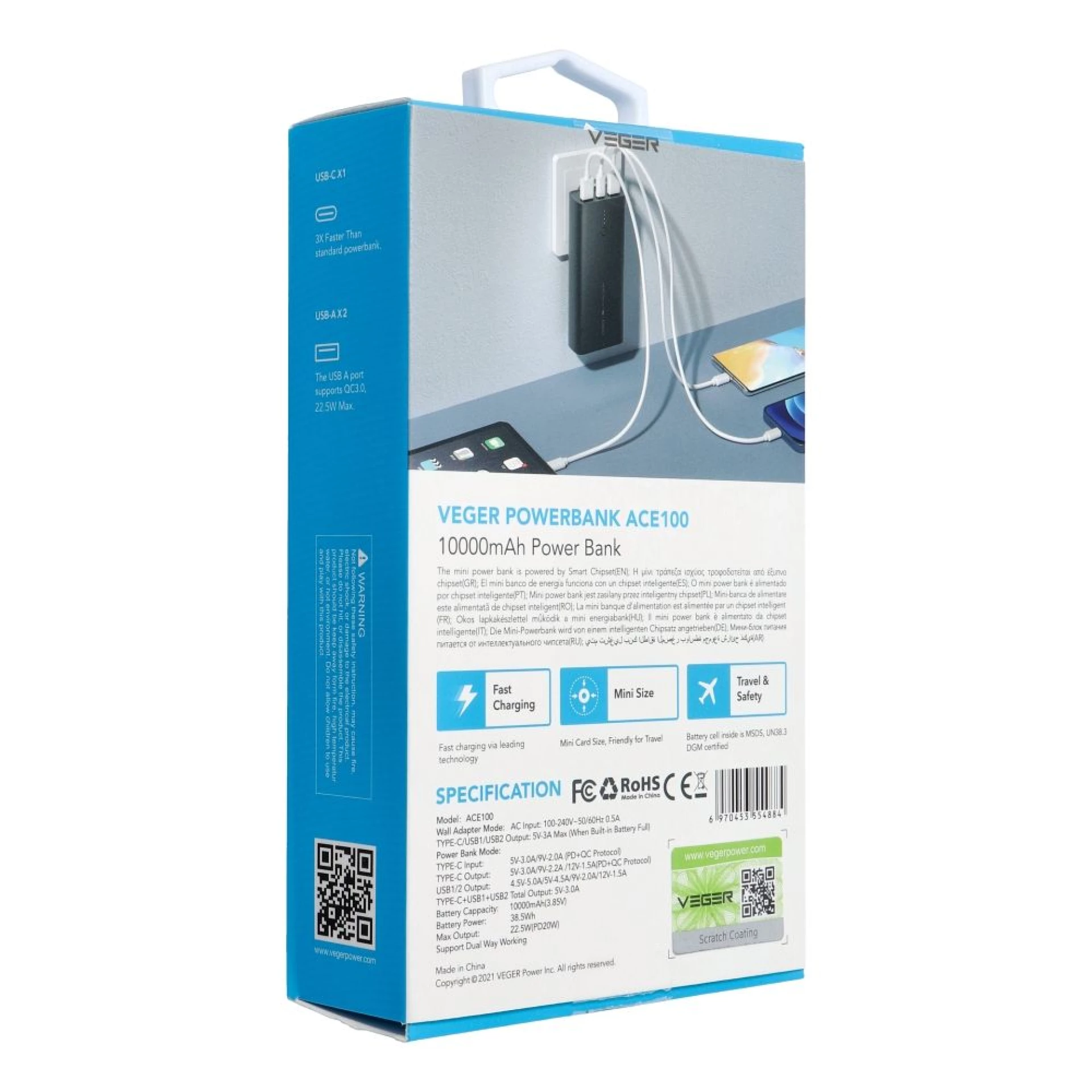 Prenosna baterija VEGER 10000mAh PD QC3.0 20W crna