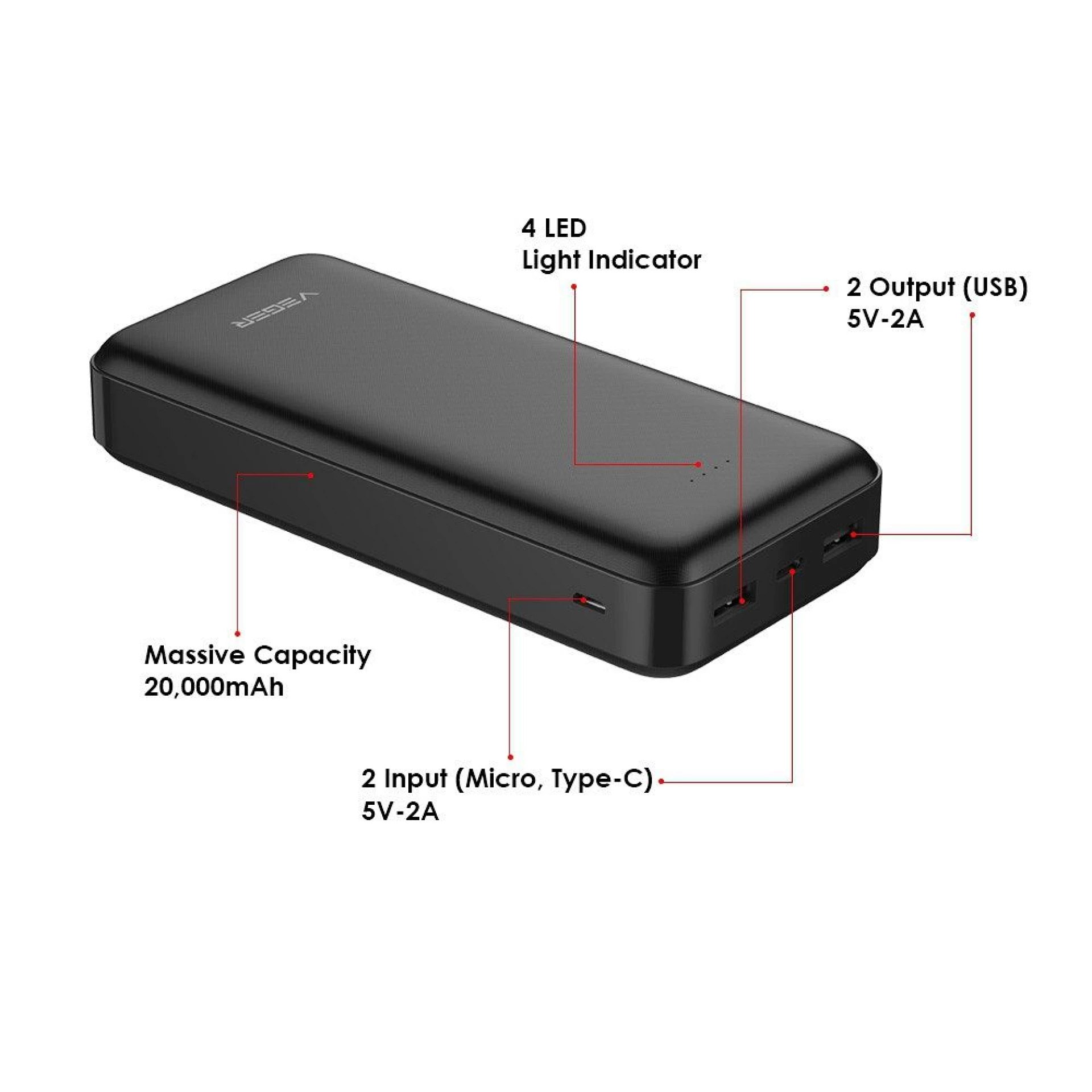 Prenosna baterija VEGER 20000mAh 2A A20 crna