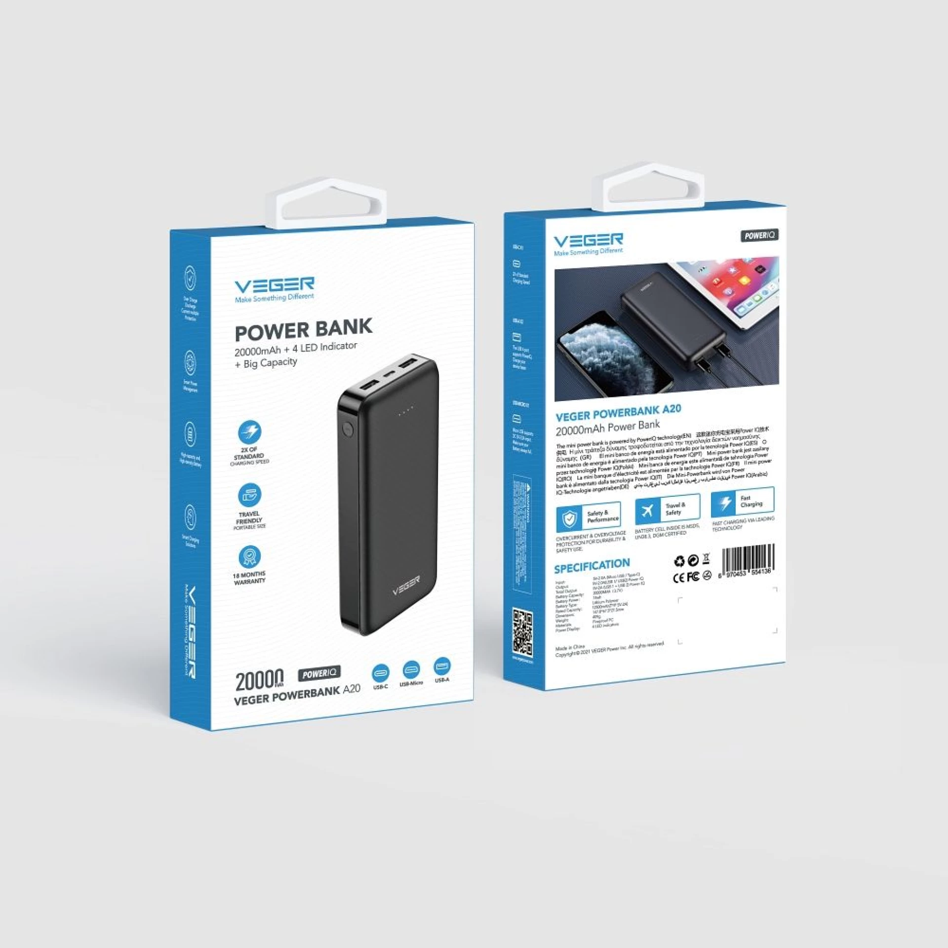 Prenosna baterija VEGER 20000mAh 2A A20 crna