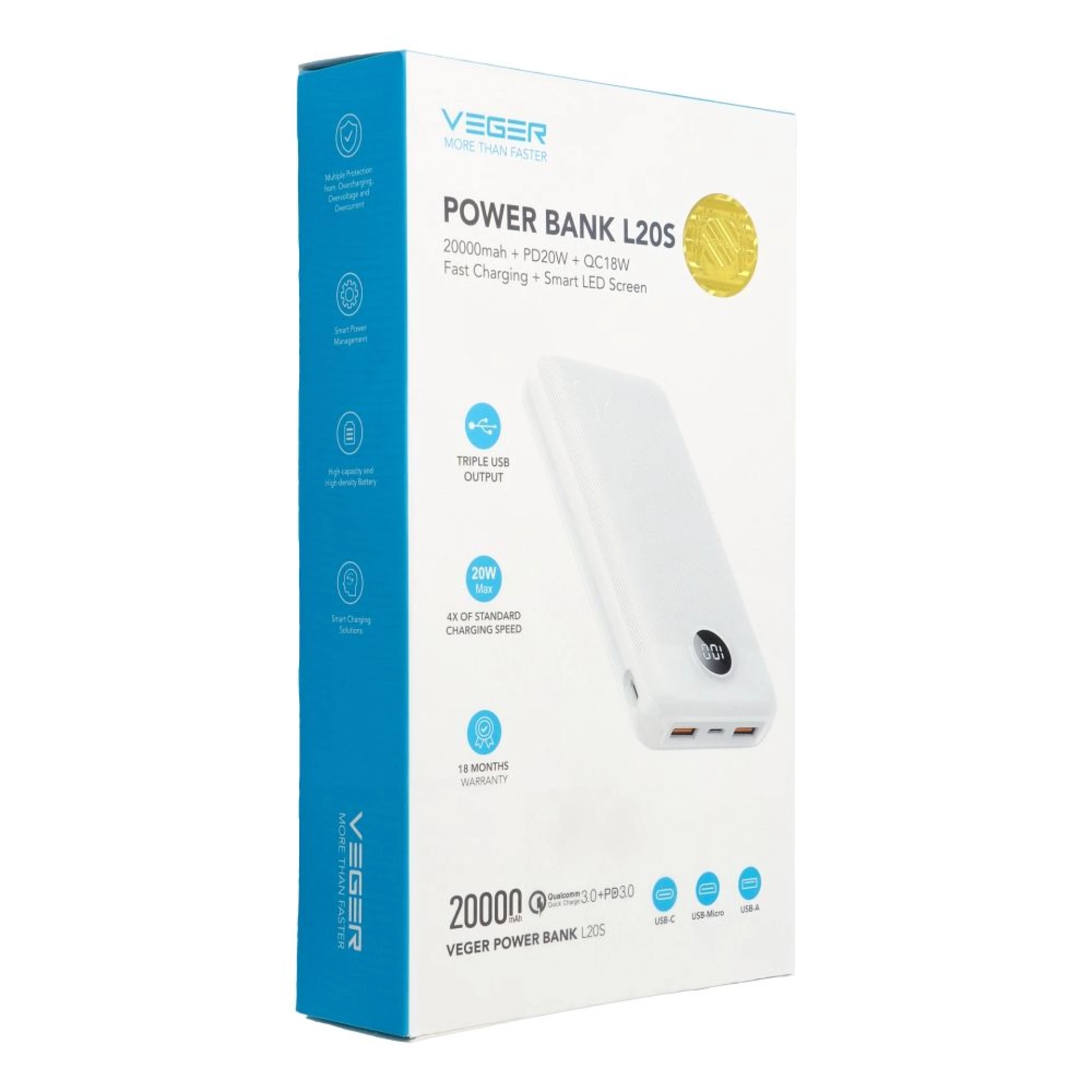 Prenosna baterija VEGER 20000mAh PD QC3.0 20W L20S crna