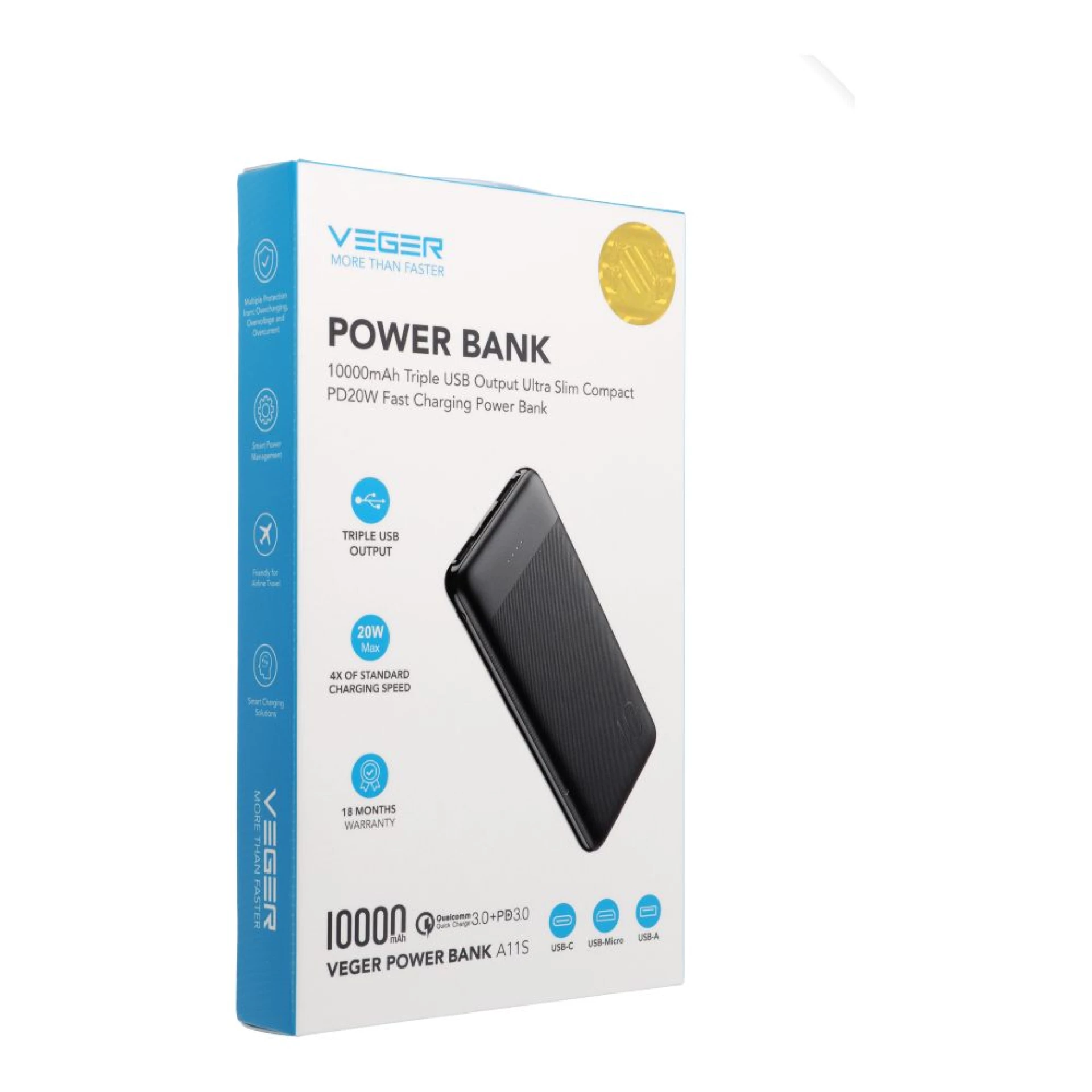 Prenosna baterija VEGER 10000mAh PD QC3.0 2A 20W A11S crna