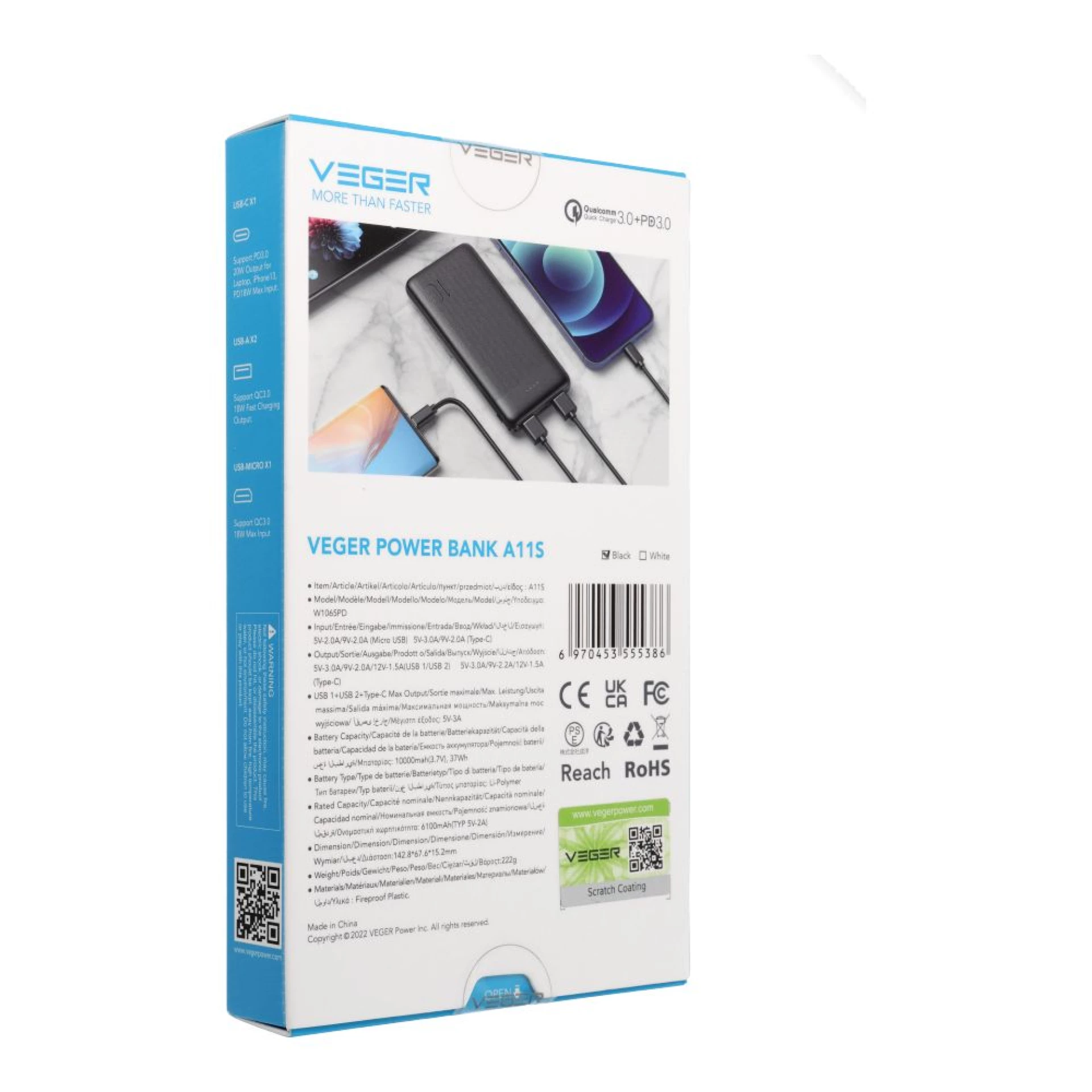 Prenosna baterija VEGER 10000mAh PD QC3.0 2A 20W A11S crna