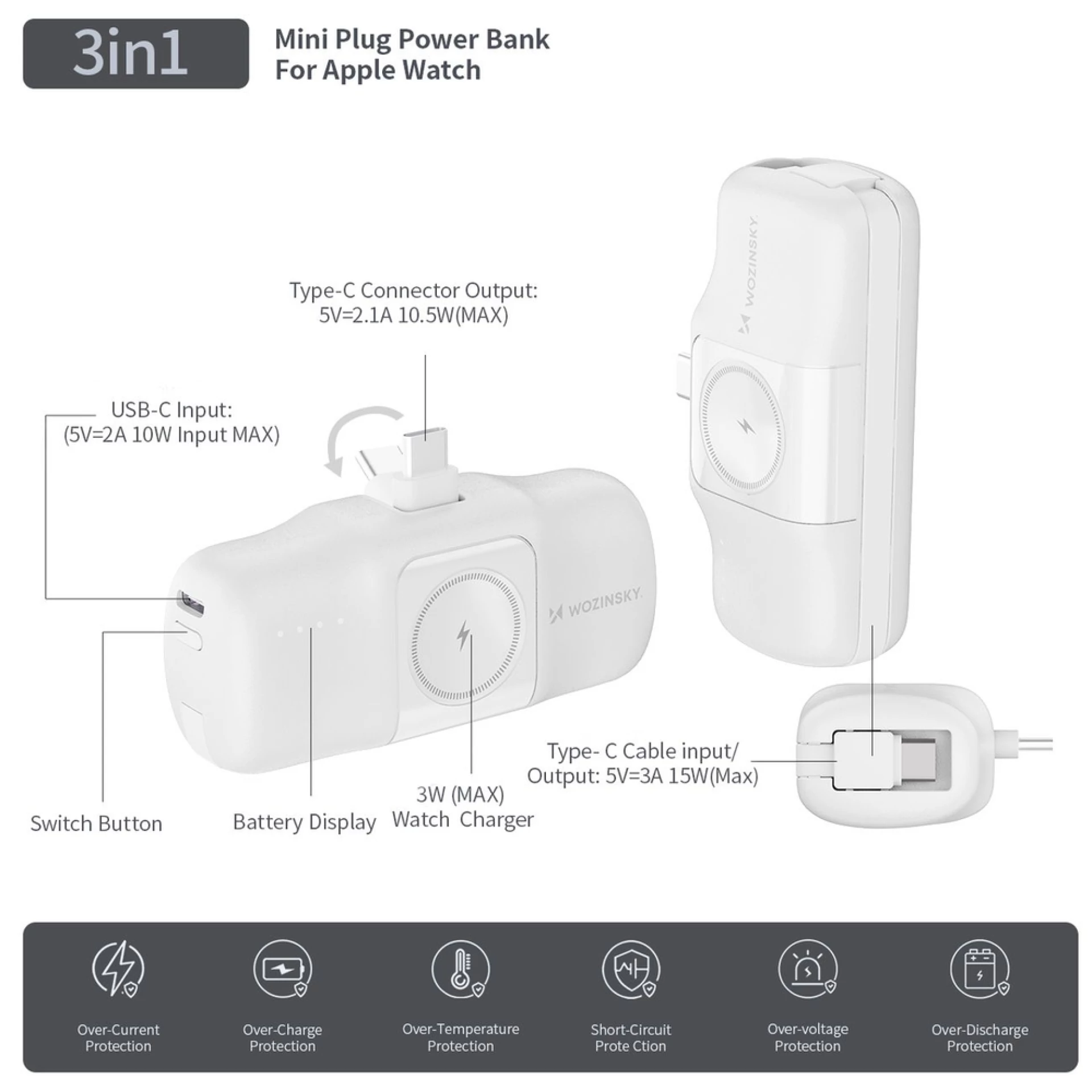 Prenosna baterija Wozinsky WF16-YCS 5000mAh 15W USB-C Mini USB-C + Apple watch