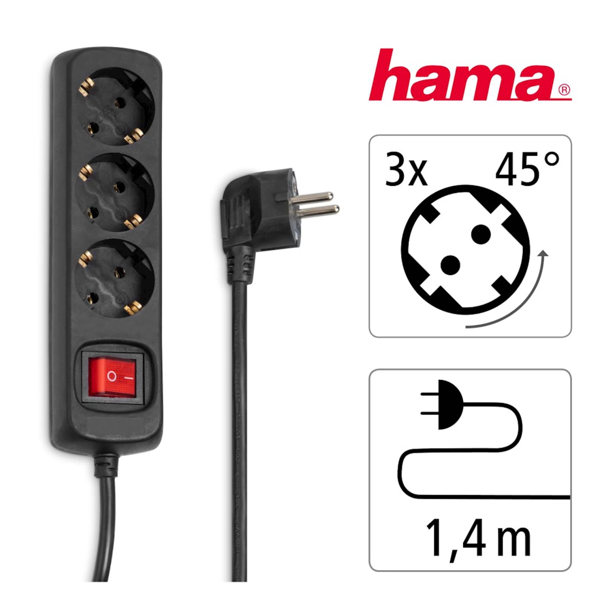PRODUŽNI KABL HAMA, CRNI, 3 UTIČNICE, 1,4M