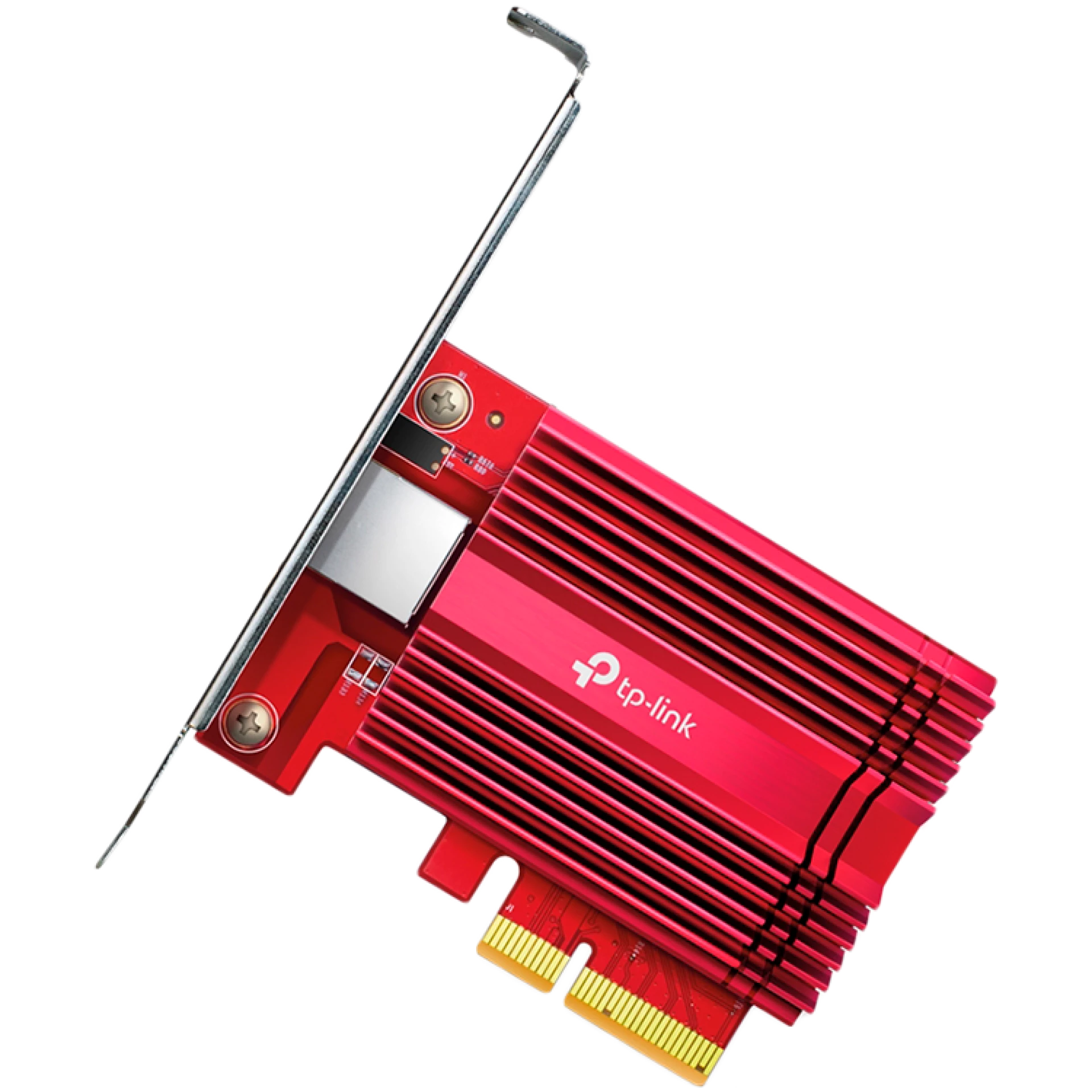 TPLink 10 Gigabit PCI Express Network Adapter, 1× PCI Express 3.0 x4, 1× RJ45 Gigabit/Megabit Port, 10 Gbps, 5 Gbps, 2.5 Gbps, 1 Gbps, and 100 Mbps Base-T connectivity; 1.5 m CAT6A Ethernet Cable, Standard/Low-Profile Brackets