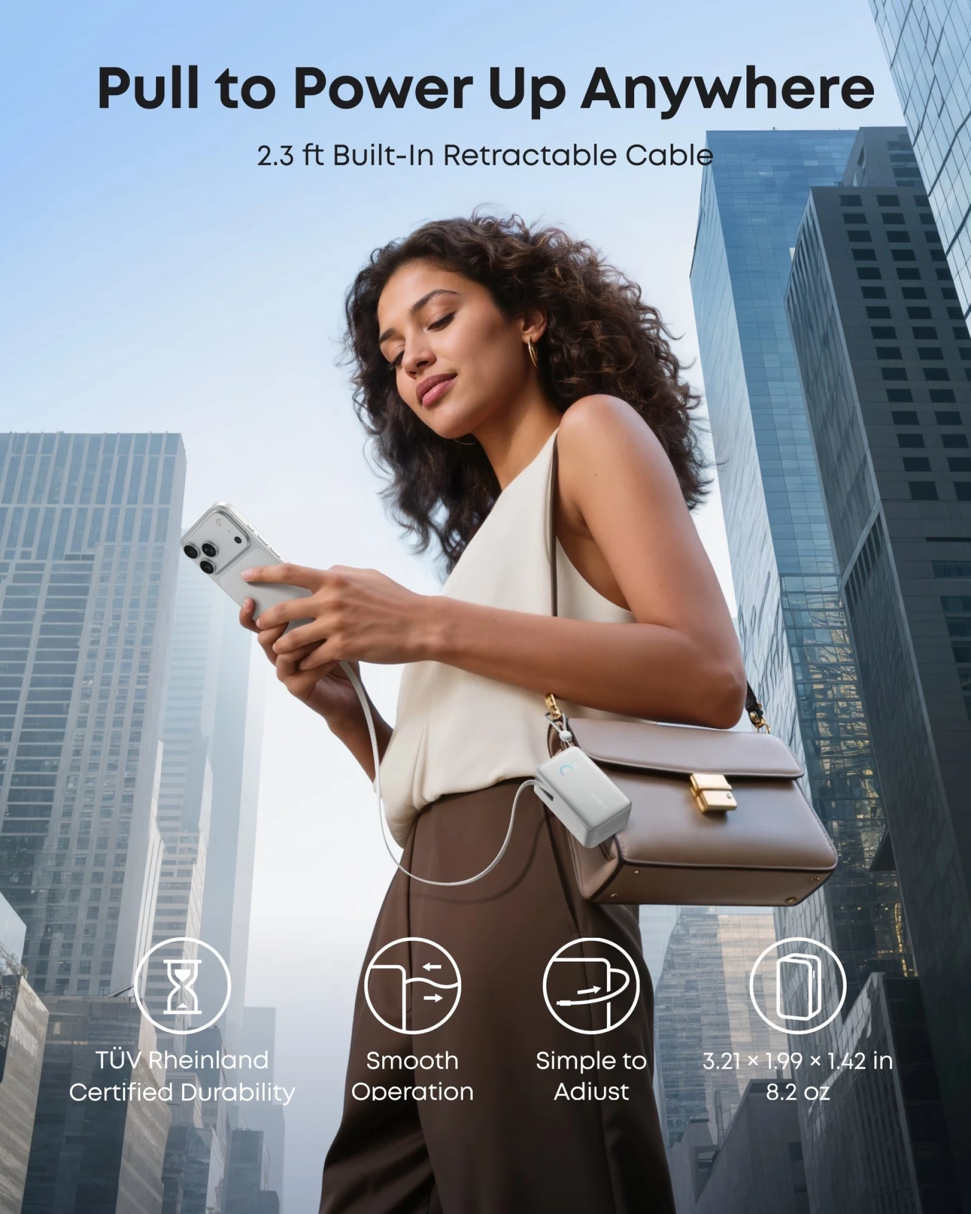 Anker Nano Power Bank (10K, 45W, Built-In Retractable USB-C Cable) White, Smart Display, 70 cm Retractable USB-C Cable, 1x USB-A, 1x USB-C