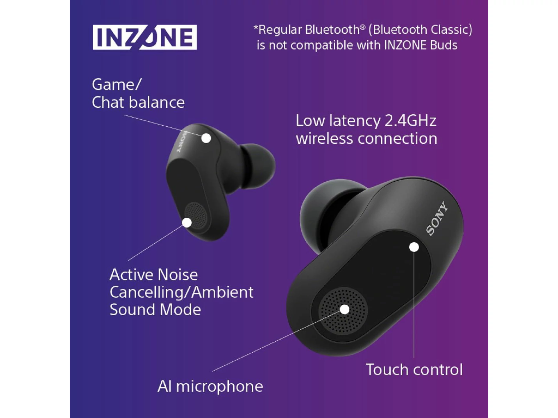 Sony gaming slu BT INZONE budsbežične; 360 Spatial Sound;24h baterija; AI mikrofon; boja crna