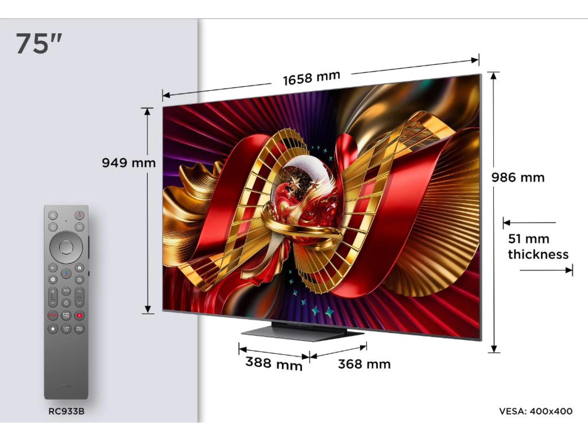 TCL 75"C8L 4K SQD-Mini LED;UHD 144Hz/288Hz FHD Google TV;B&O, 2584 zones, 5500 nits; Zeroborder