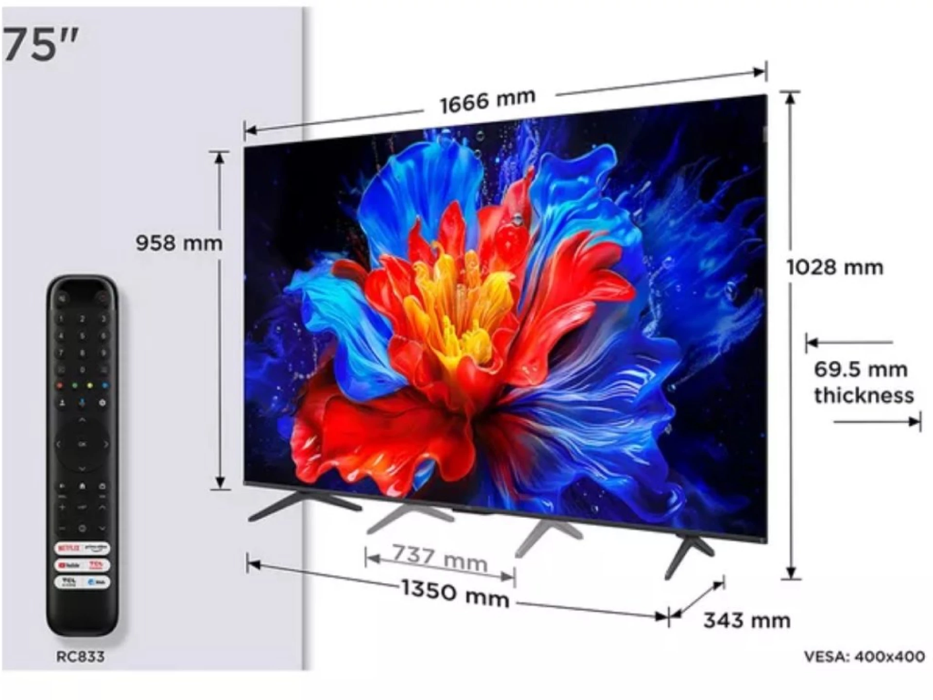 TCL 75"P8K 4K QLED TV 144HzGoogle TV; Motion Clarity Pro;Game Master; Onkyo 2.1;