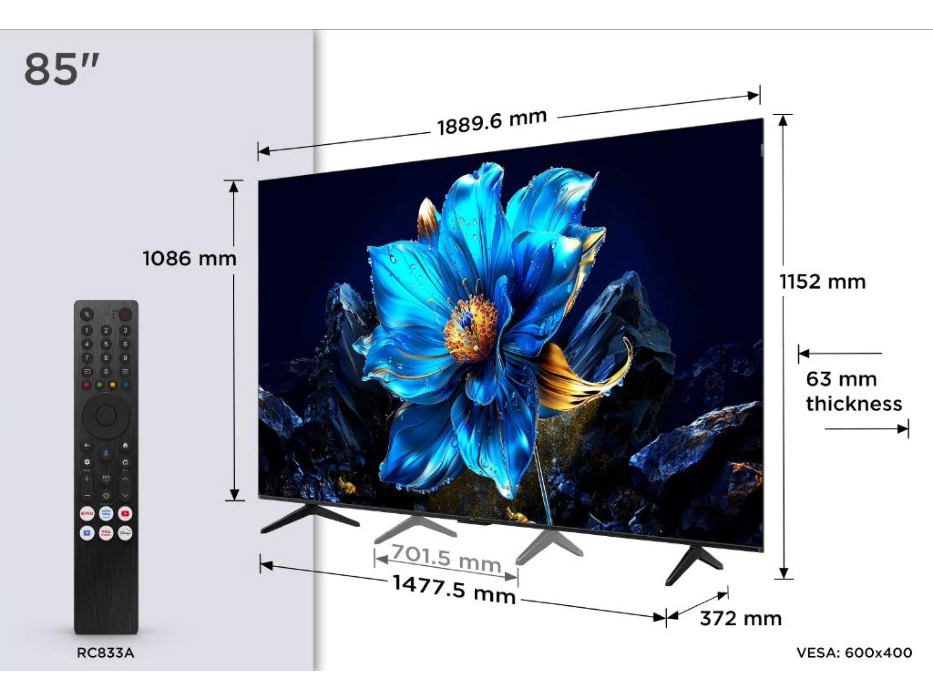 TCL 85"P7K 4K QLED TV 60HzGoogle TV; HDR multi-format;HVA Panel; Game Master; Dolby Atmos;