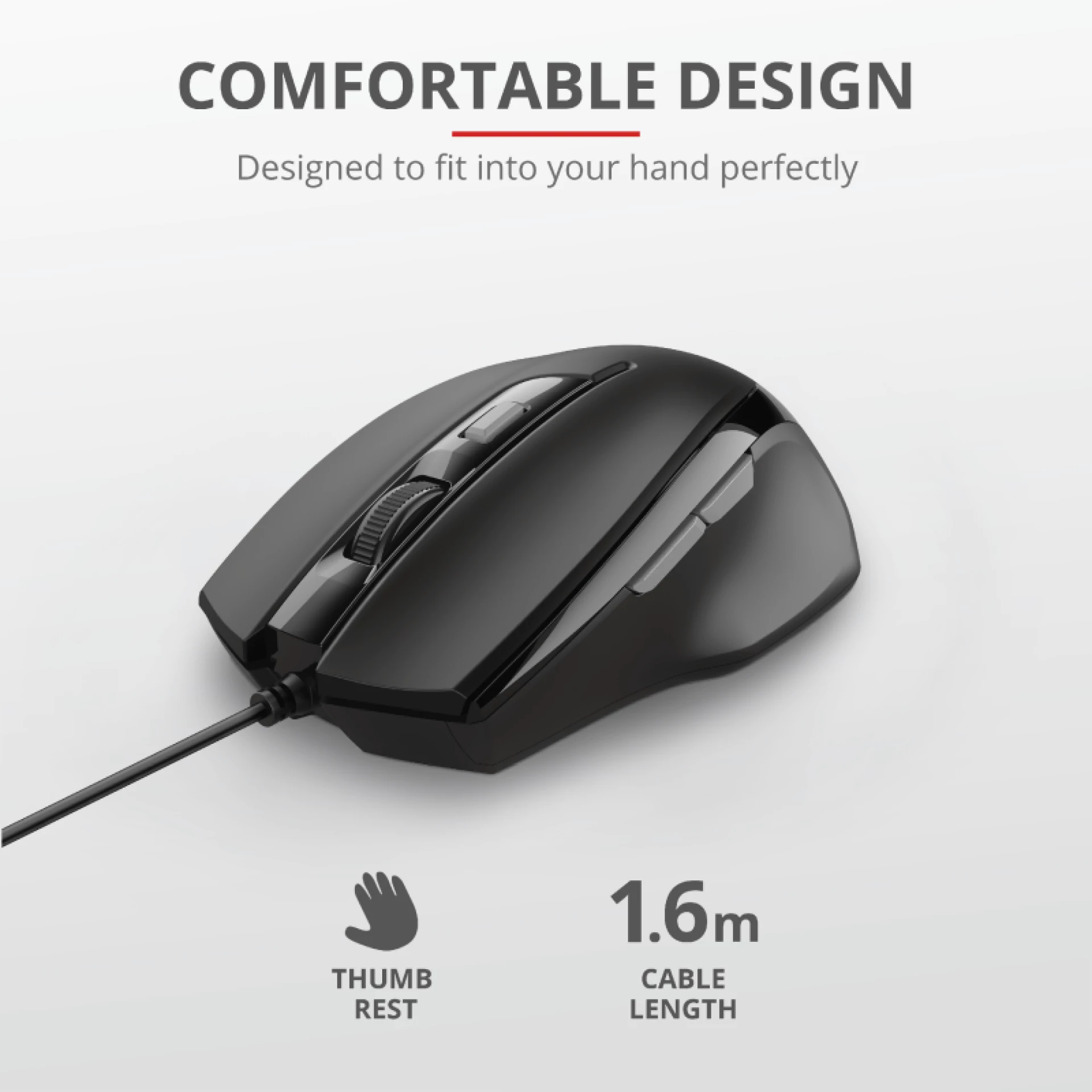 Trust Voca Comfortable miš žičani, easy-to-use, crni,800-2400 DPI, optički, 6 tipki, usb 2.0