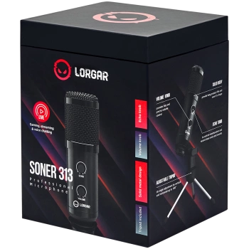 LORGAR Soner 313, Gaming Microphone, USB condenser microphone with Volume Knob & Echo Knob, Frequency Response: 80 Hz—17 kHz, including 1x Microphone, 1 x 2.5M USB Cable, 1 x Tripod Stand, dimensions: Ø47.4*158.2*48.1mm, weight: 243.0g, Black