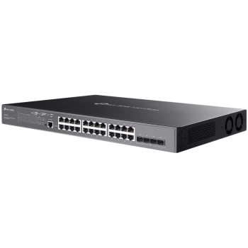 TP-Link SG3428MP Omada 28-Port Gigabit L2+ Managed Switch with 24× Gigabit 802.3af/at PoE+ ports and 4× Gigabit SFP slots, 384 W total PoE budget, Omada app, Static Routing, VLAN, ACL, QoS, IGMP Snooping, OAM, and DDM, ERPS, Zero-Touch Provisioning