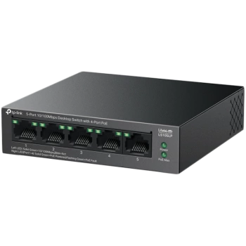 TP-Link LS105LP 5-Port 10/100 Mbps Desktop Switch with 4-Port PoE, 4× 10/100 Mbps PoE Ports, 1× 10/100 Mbps Non-PoE Port, 802.3af, 41 W PoE Power, Desktop Steel Case, Extend Mode for 250m PoE Transmitting, PoE Auto Recovery, Plug and Play