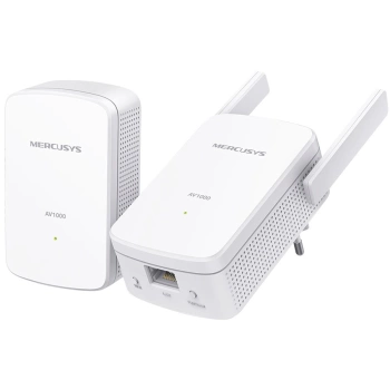 Mercusys MP510 KIT AV1000 Gigabit Powerline N300 Wi-Fi KIT (1× MP510 + 1× MP500) 300 Mbps at 2.4 GHz, 1000 Mbps Powerline,Broadcom CPU, 1× Gigabit Port, 2× Fixed External Antennas, Wall Plugged, HomePlug AV2,Plug and Play, One-Touch Wi-Fi Config.