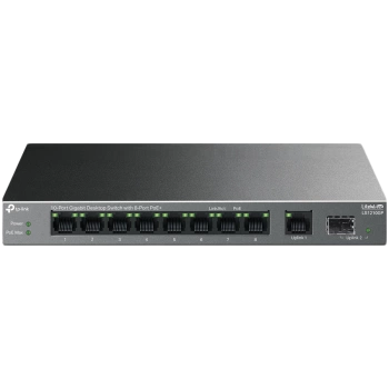 TP-Link LS1210GP 10-Port Gigabit Desktop Switch with 8-Port PoE+, 8× Gigabit PoE+ Ports, 1x Gigabit Non-PoE Port, 1× Gigabit SFP Slot, 61 W PoE Power, Desktop Steel Case, Extend Mode for 250m PoE Transmitting, Isolation Mode, PoE Auto Recovery