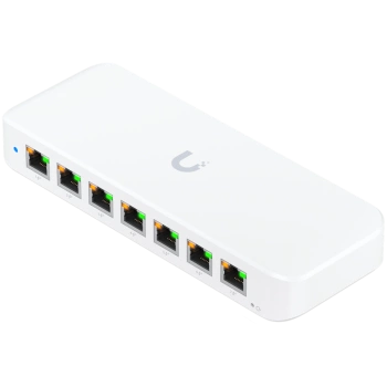 Ubiquiti USW-Ultra-210W-EU compact, Layer 2, 8-port GbE PoE switch with versatile mounting options, 7x GbE PoE+ output ports, GbE port with optional PoE++ input, 202W PoE availability with the included AC power adapter