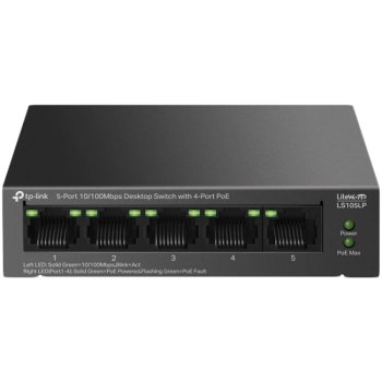 TP-Link LS105LP 5-Port 10/100 Mbps Desktop Switch with 4-Port PoE, 4× 10/100 Mbps PoE Ports, 1× 10/100 Mbps Non-PoE Port, 802.3af, 41 W PoE Power, Desktop Steel Case, Extend Mode for 250m PoE Transmitting, PoE Auto Recovery, Plug and Play