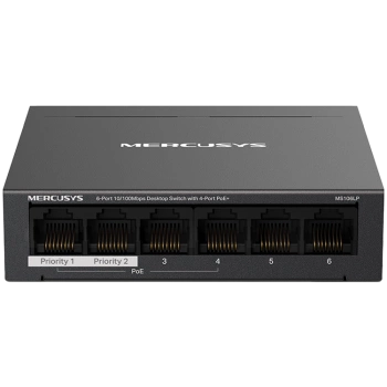 Mercusys MS106LP 6-Port 10/100 Mbps Desktop Switch with 4-Port PoE+, Compatible with 802.3af/at PDs, 40 W PoE Power, Desktop Steel Case, Wall Mounting, Extend Mode for 250m PoE Transmitting, Priority Port1-2, Isolation Mode, PoE Auto Recovery