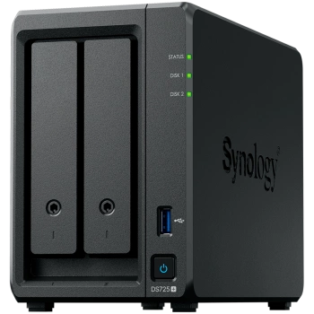Synology DS725+, Tower, 2-Bays 3.5'' SATA HDD/SSD, 2 x M.2 2280 NVMe SSD, CPU AMD Ryzen R1600 dual-core (4-thread), max. boost up to 3.1 GHz, 4 GB DDR4 ECC SODIMM, 1 x 2.5 GbE, 1 x 1GbE, 1 x USB 3.2, 1 x eSATA USB-C, 1.51 kg, 3y