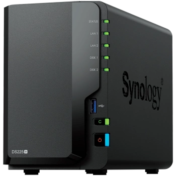 Synology DS225+, Tower, 2-bays 3.5'' SATA HDD/SSD, CPU Inte Celeron J4125 4-core (4-thread) 2.0 GHz, burst up to 2.7 GHz, 2 GB DDR4 non-ECC (expandable up to 6 GB), 1xRJ-45 1GbE LAN, 1xRJ-45 2.5 GbE LAN, 2xUSB 3.2 Gen 1, 1.3 kg, 3yr warranty