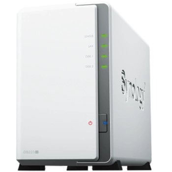 Synology DS223j, Tower, 2-bays 3.5'' SATA HDD/SSD, CPU 4-core 1.7 GHz; 1 GB DDR4 non-ECC; 1 x RJ-45 1GbE LAN Port; 2 x USB 3.2 Gen1; ; 0.88 kg; 2yr warranty